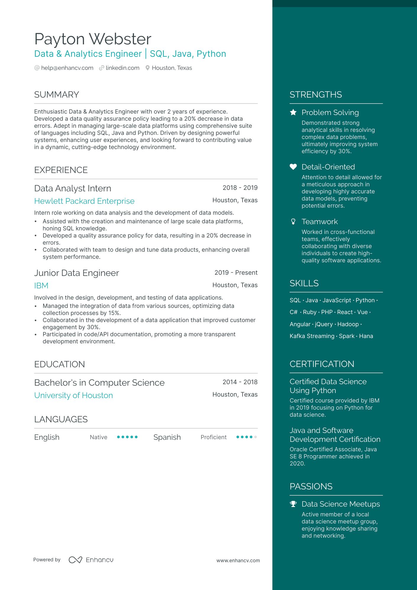 resume sample for data engineer