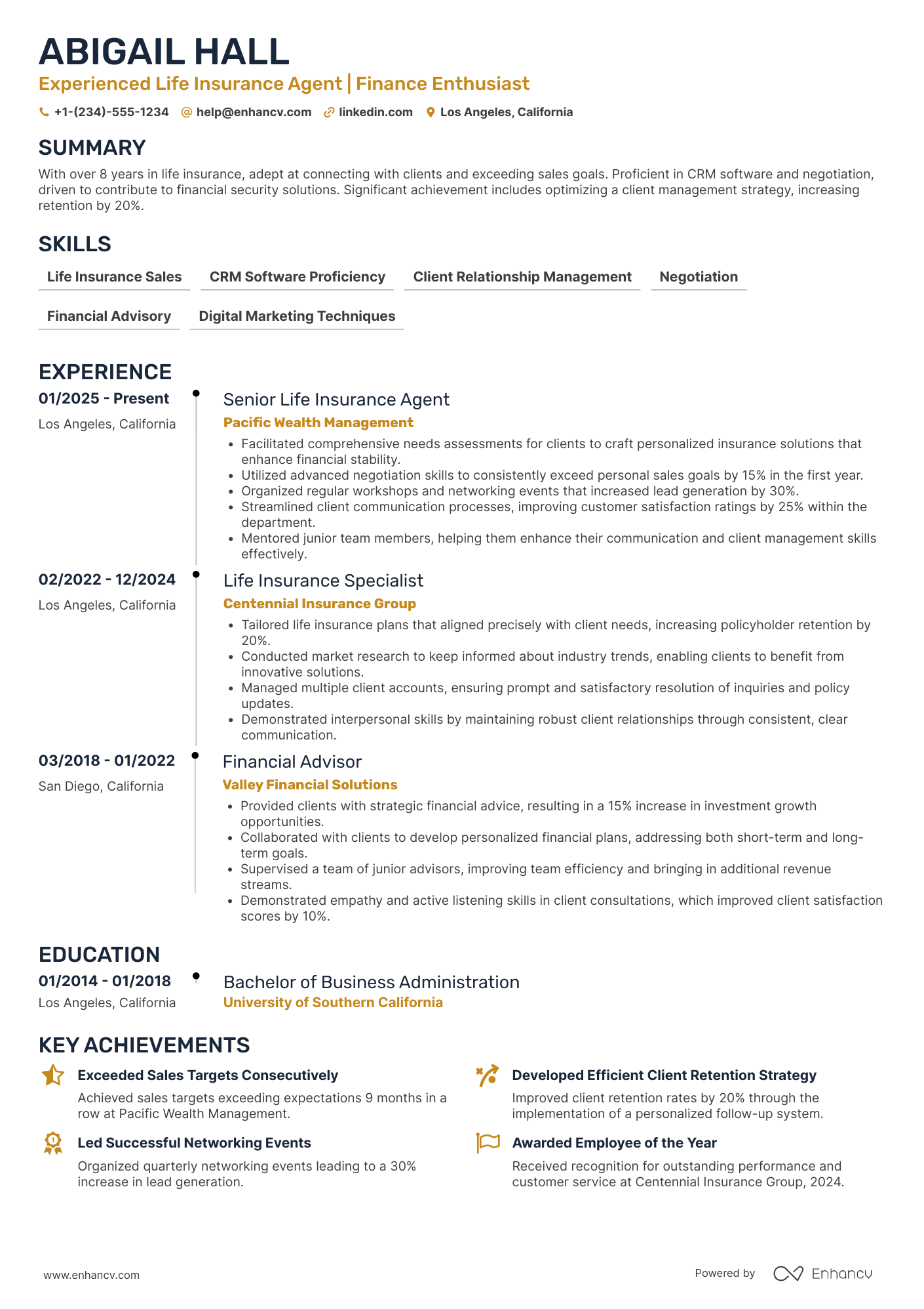 A resume example of a Life Insurance Agent