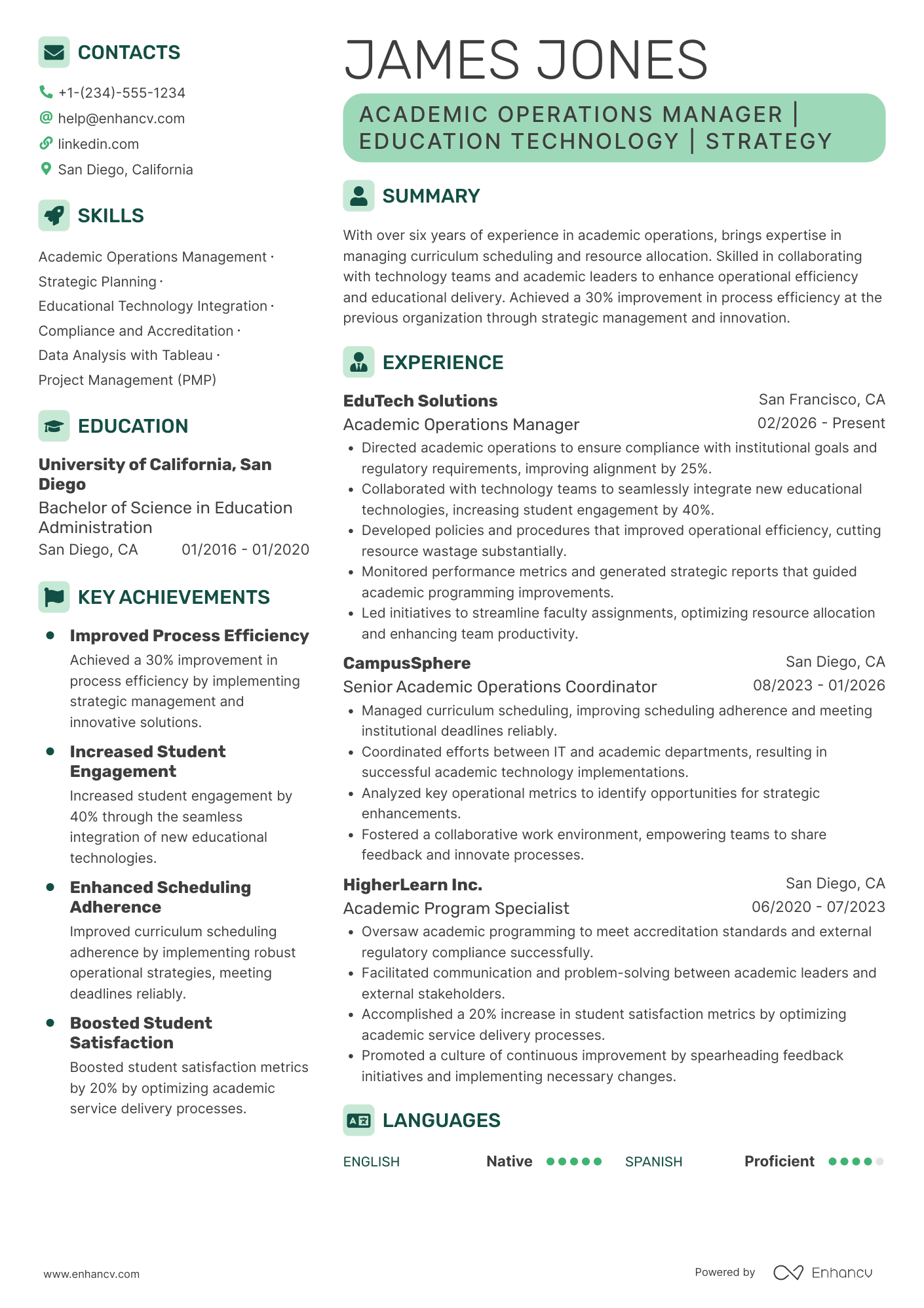 A resume example of a Academic Operations Manager