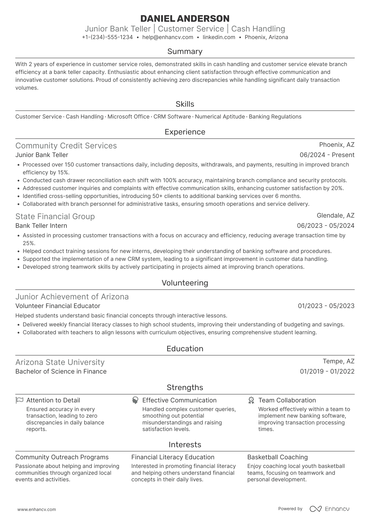 A resume example of a Junior Bank Teller
