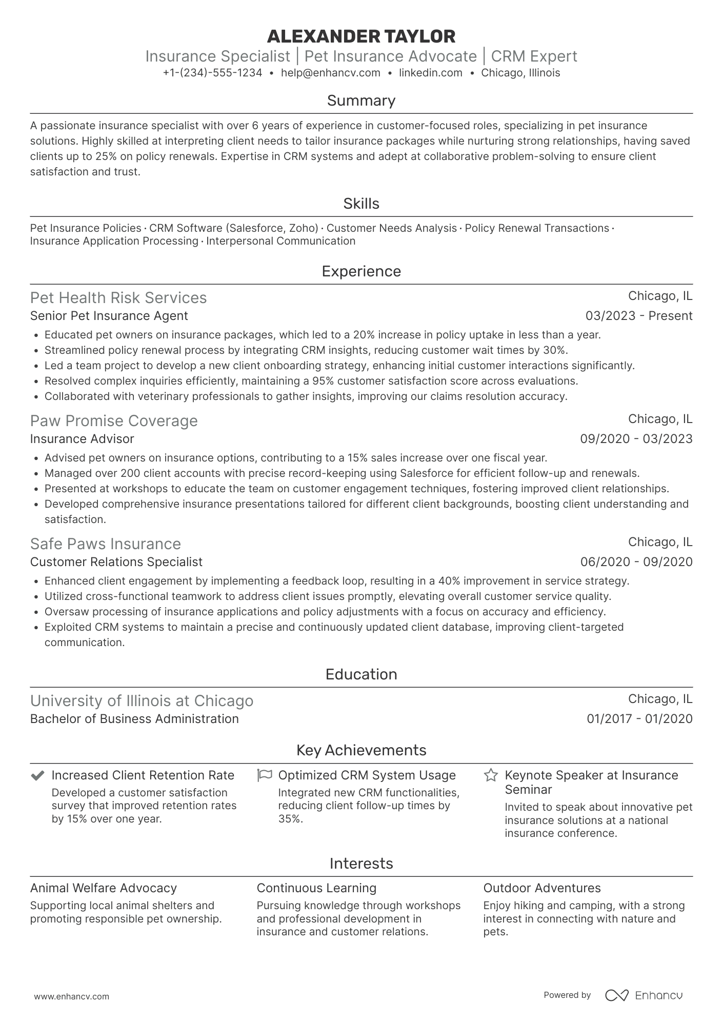 A resume example of a Pet Insurance Agent