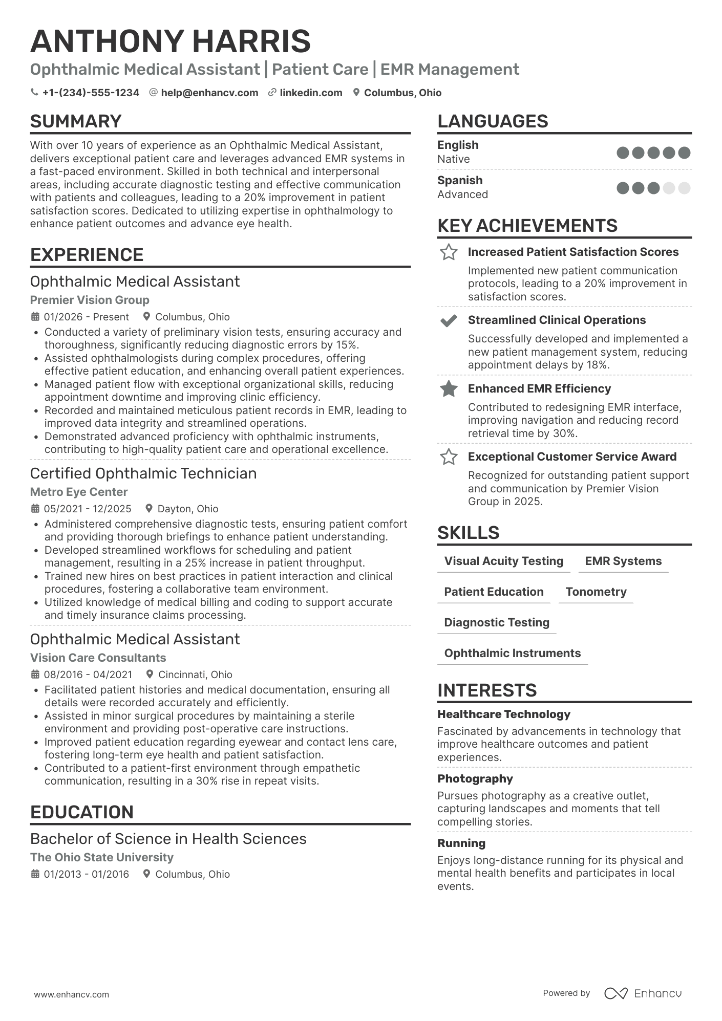 A resume example of a Ophthalmic Medical Assistant