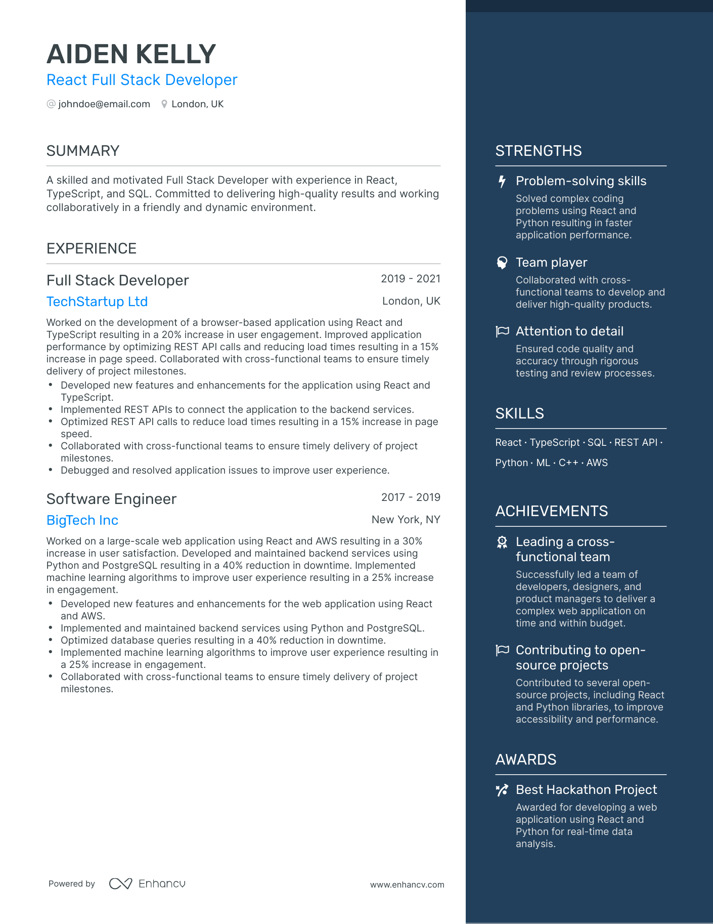 One Page React Full Stack Developer Resume Template