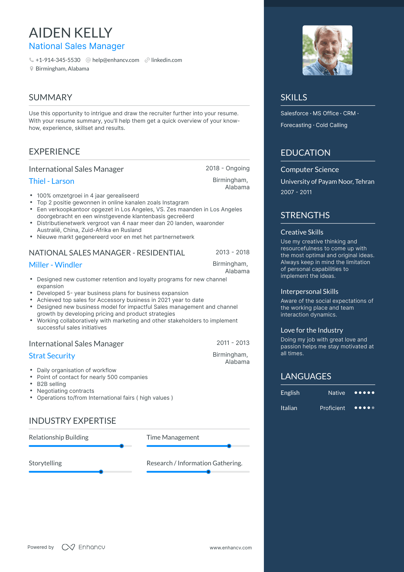 One Page National Sales Manager Resume Template