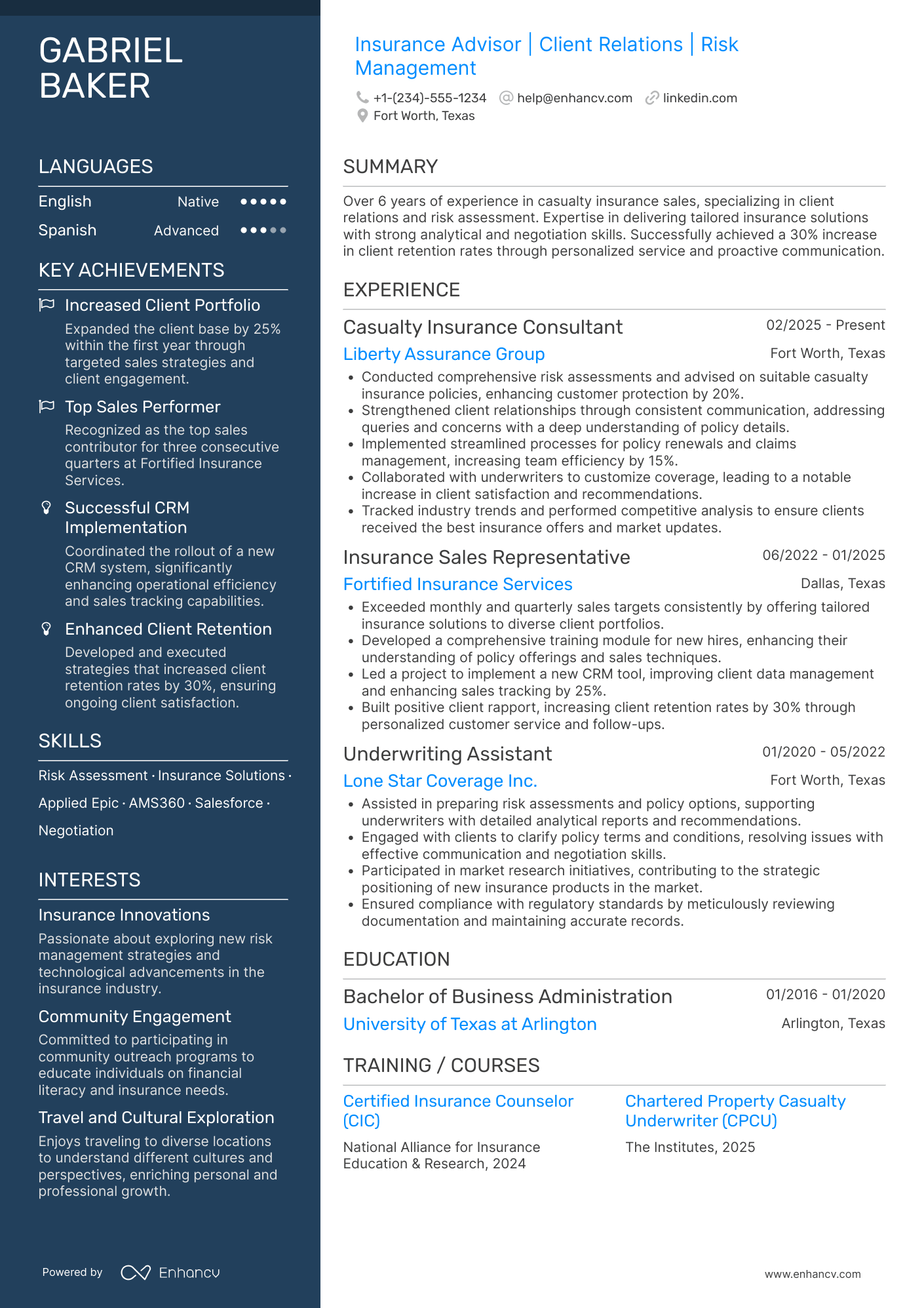 A resume example of a Casualty Insurance Agent