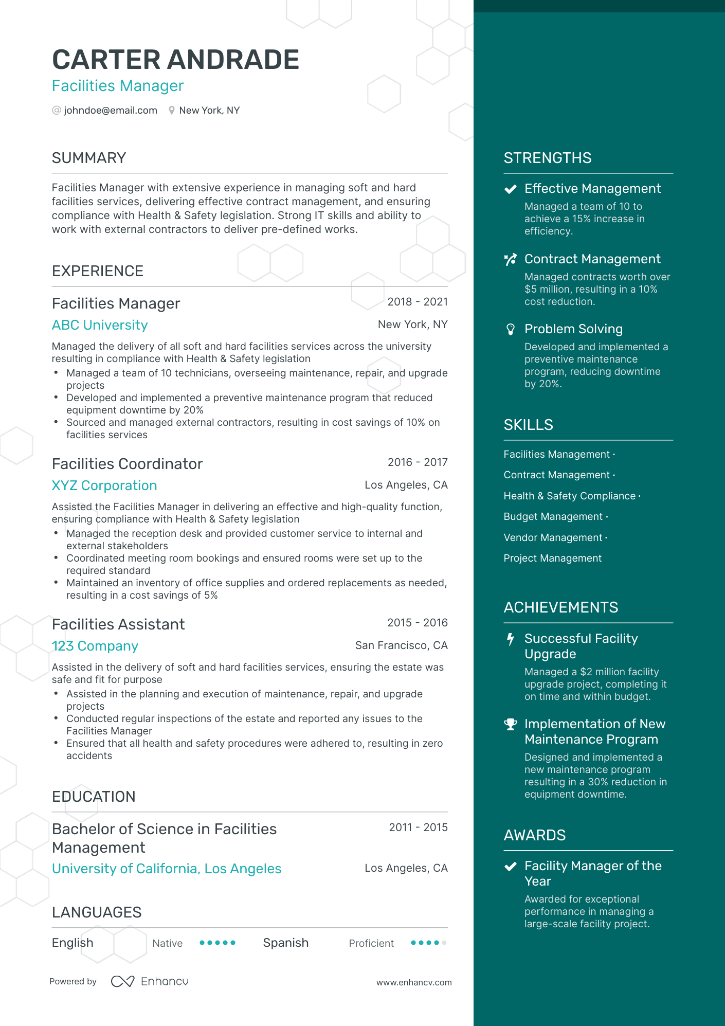 One Page Facilities Manager Resume Template