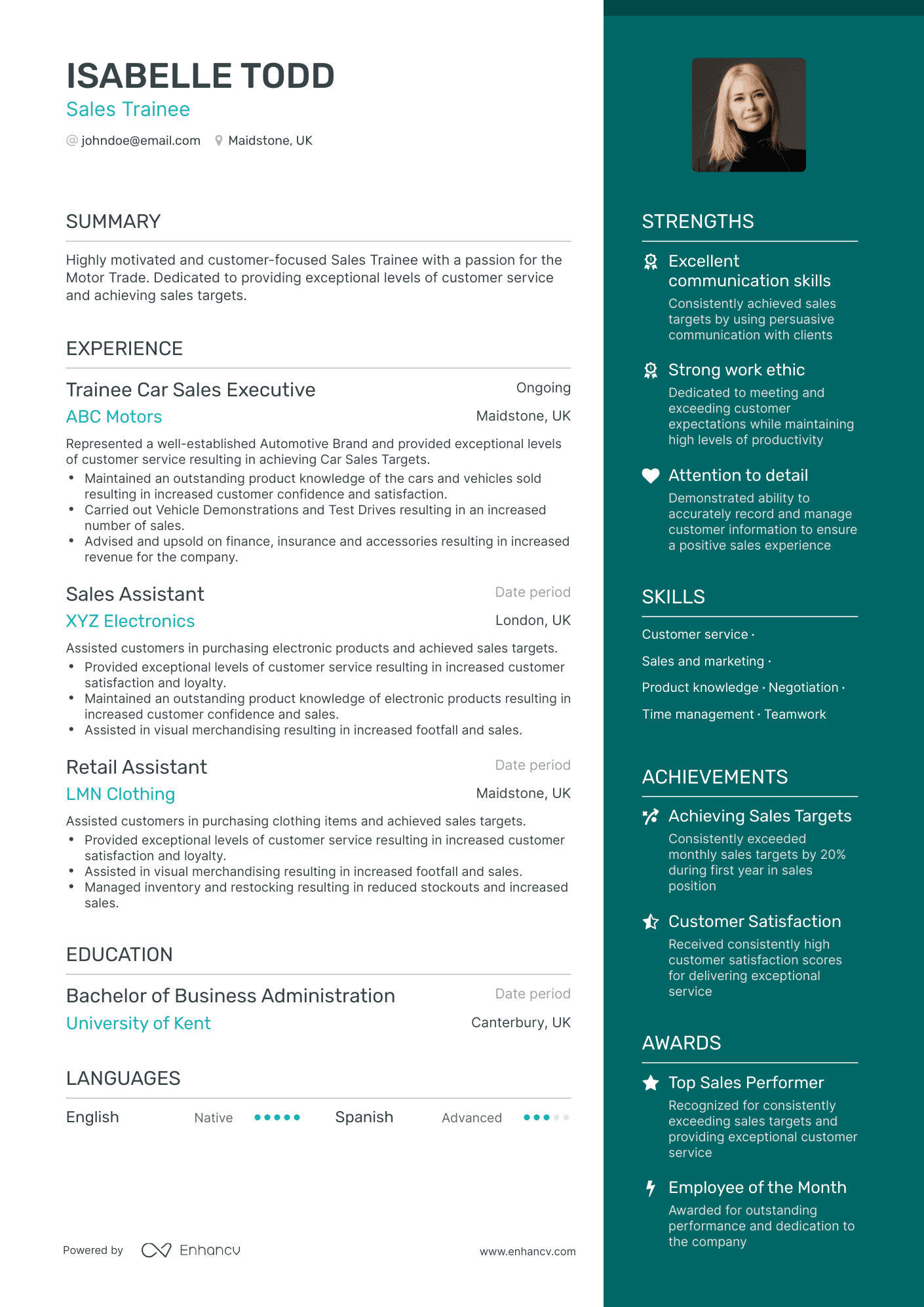 One Page Sales Trainee Resume Template
