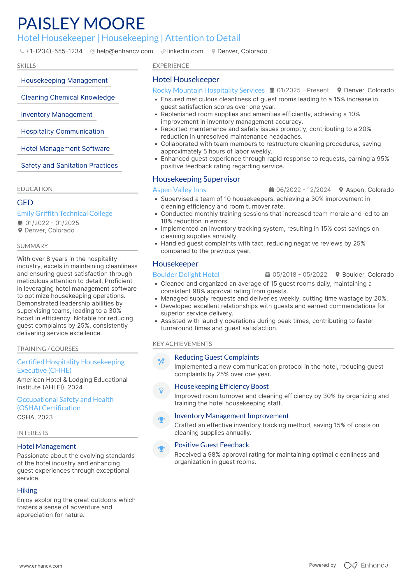 A resume example of a Hotel Housekeeper