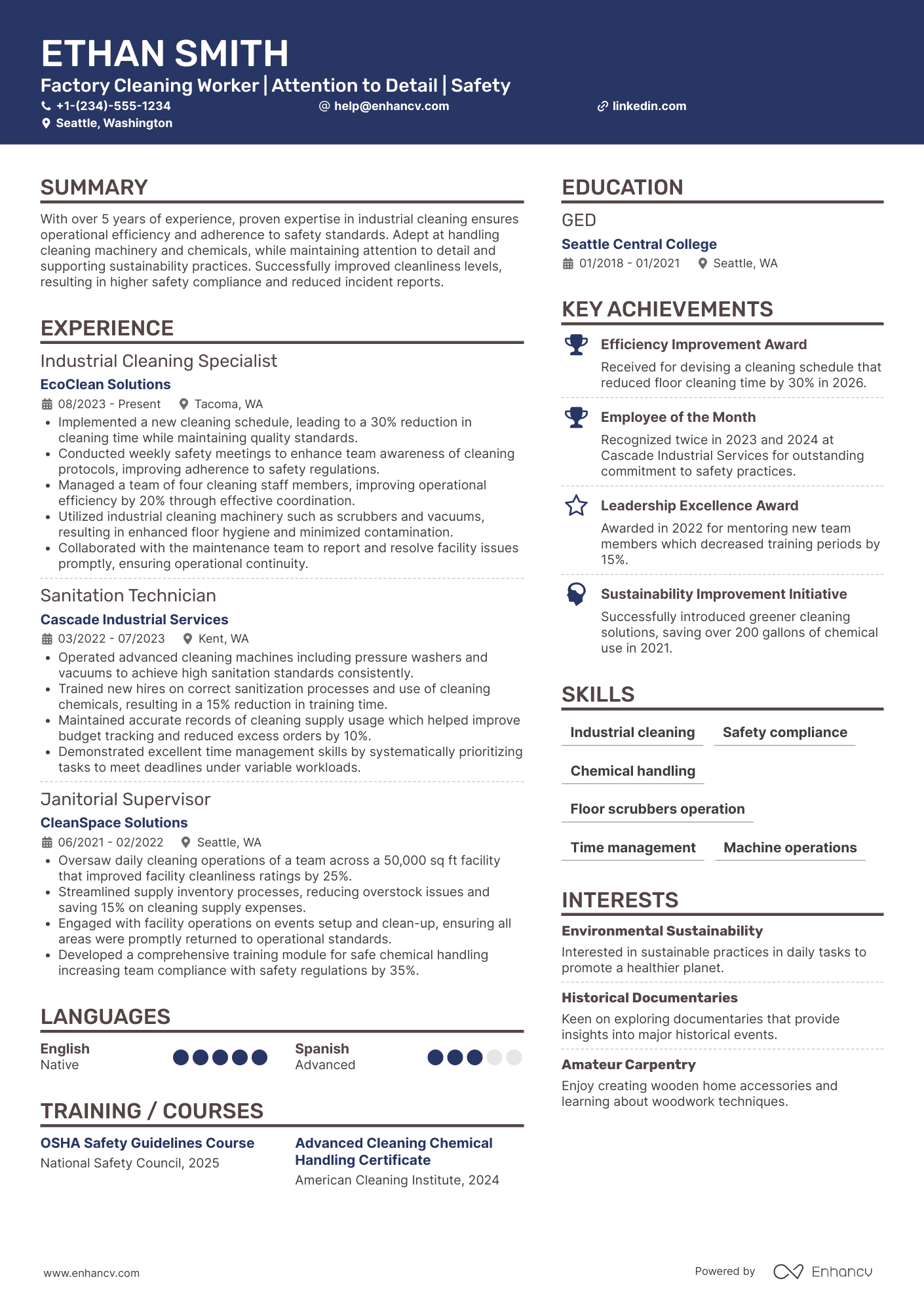 A resume example of a Factory Cleaning Worker