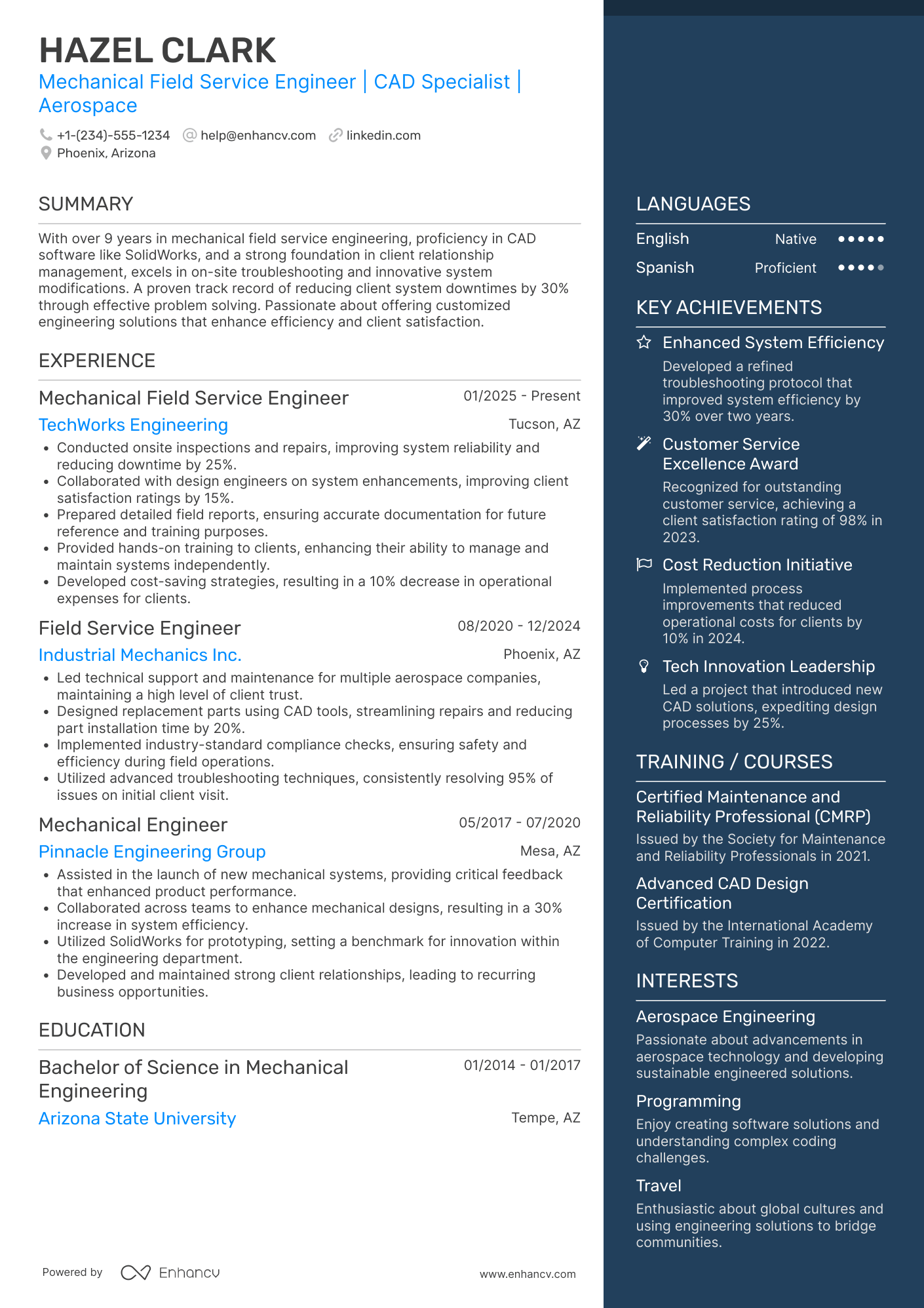 A resume example of a Mechanical Field Service Engineer