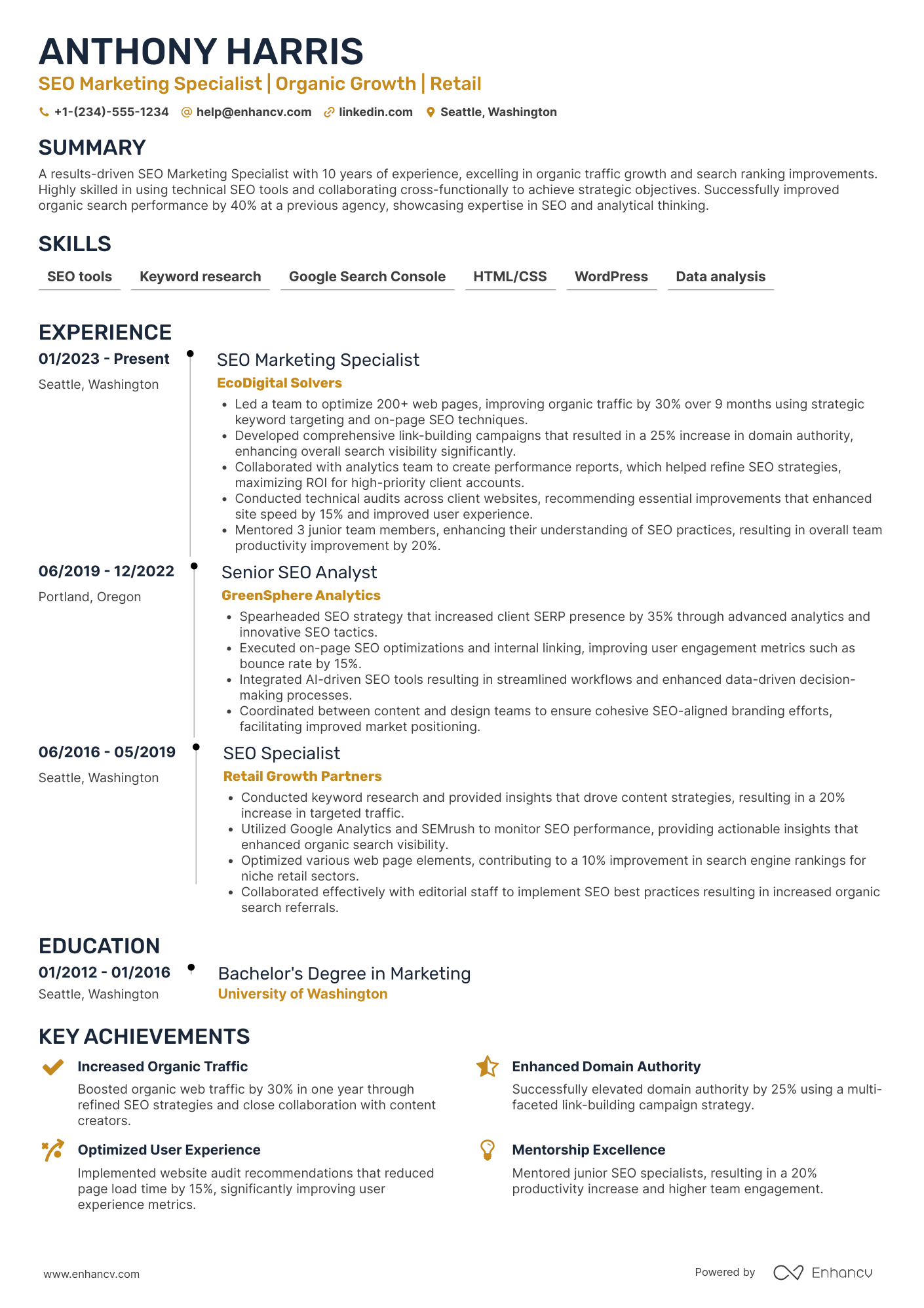 A resume example of a SEO Marketing Specialist