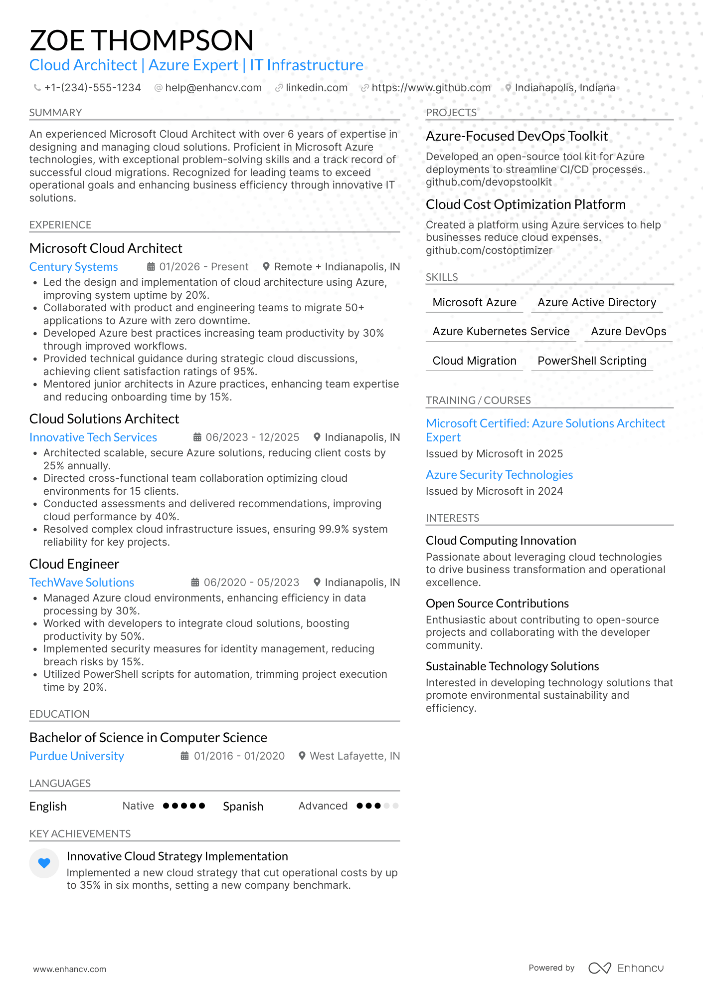 A resume example of a Microsoft Cloud Architect