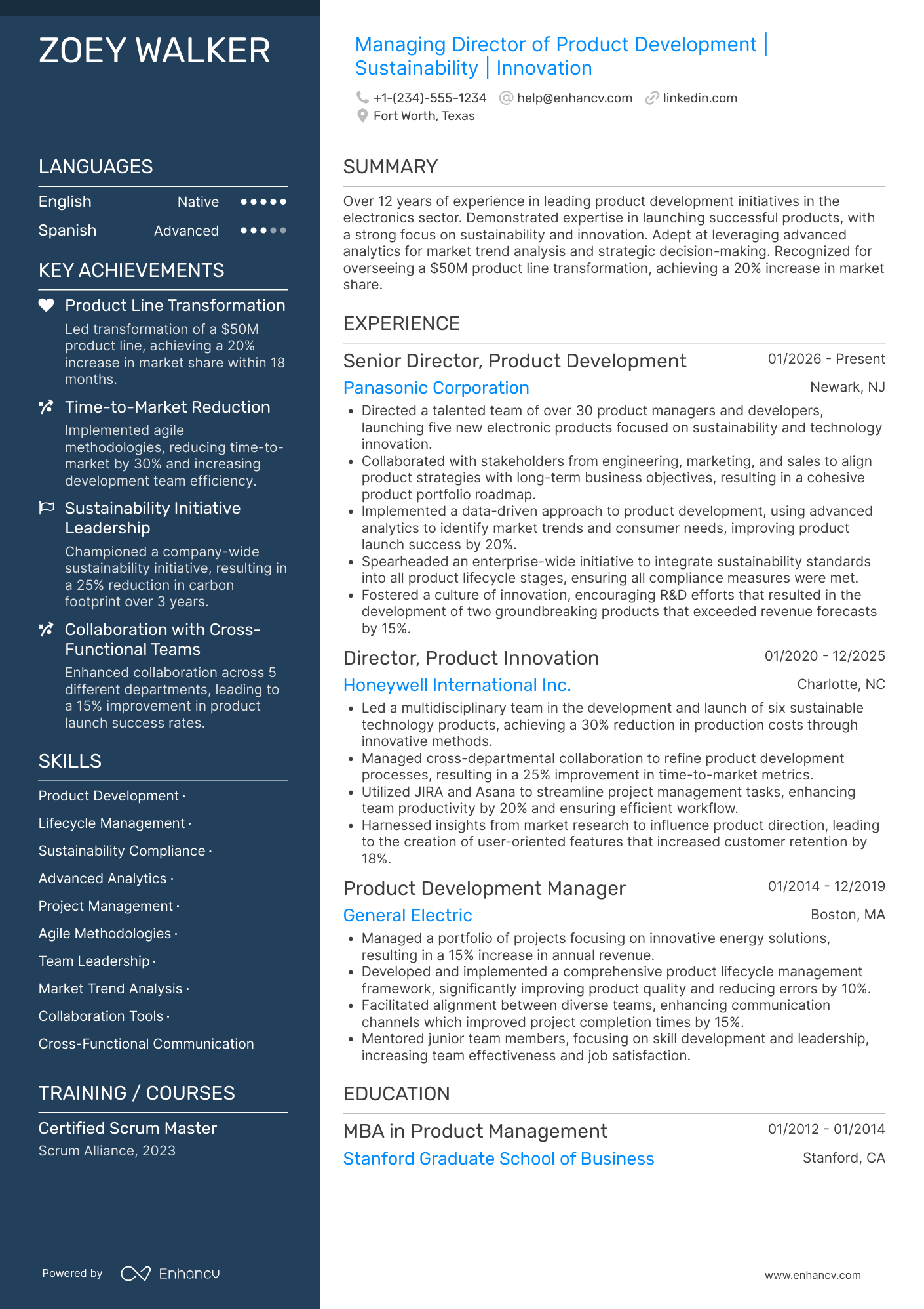 A resume example of a Managing Director of Product Development