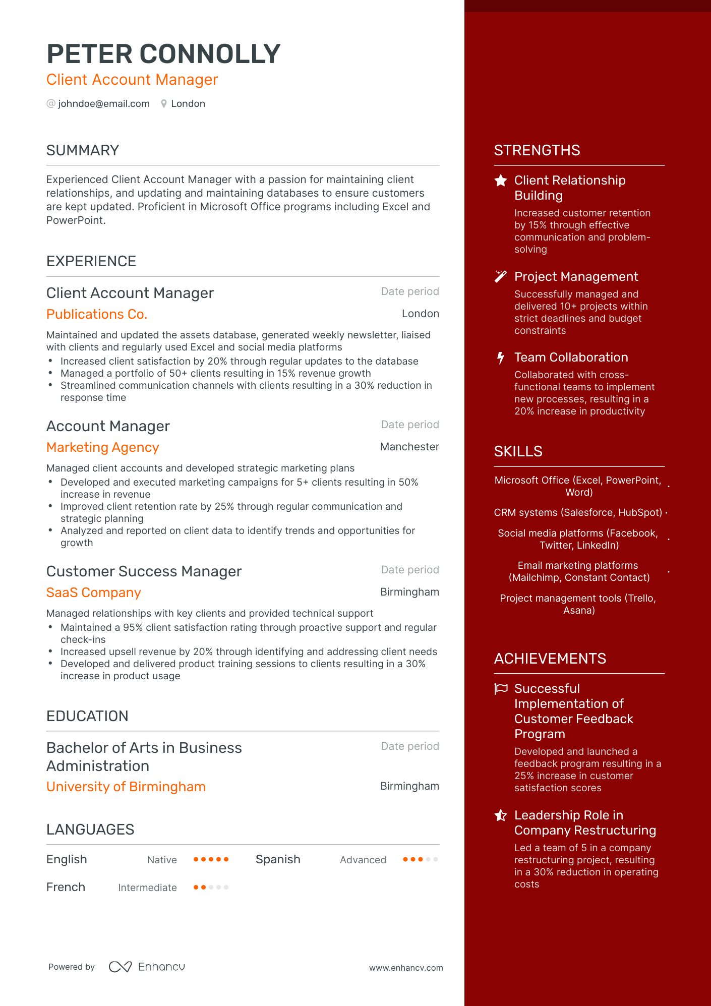 One Page Client Account Manager Resume Template