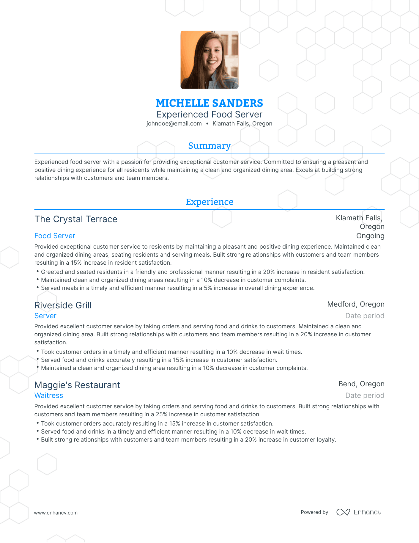 Traditional Food Server Resume Template