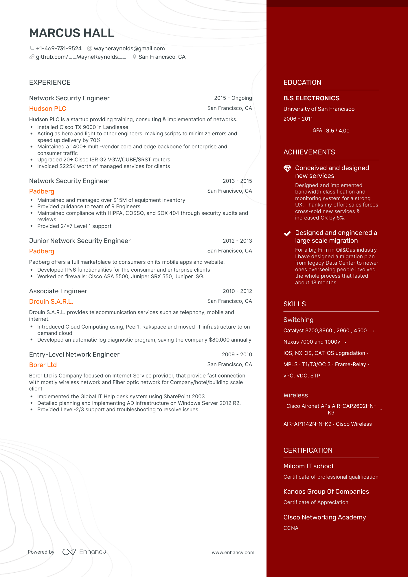One Page Network Security Engineer Resume Template