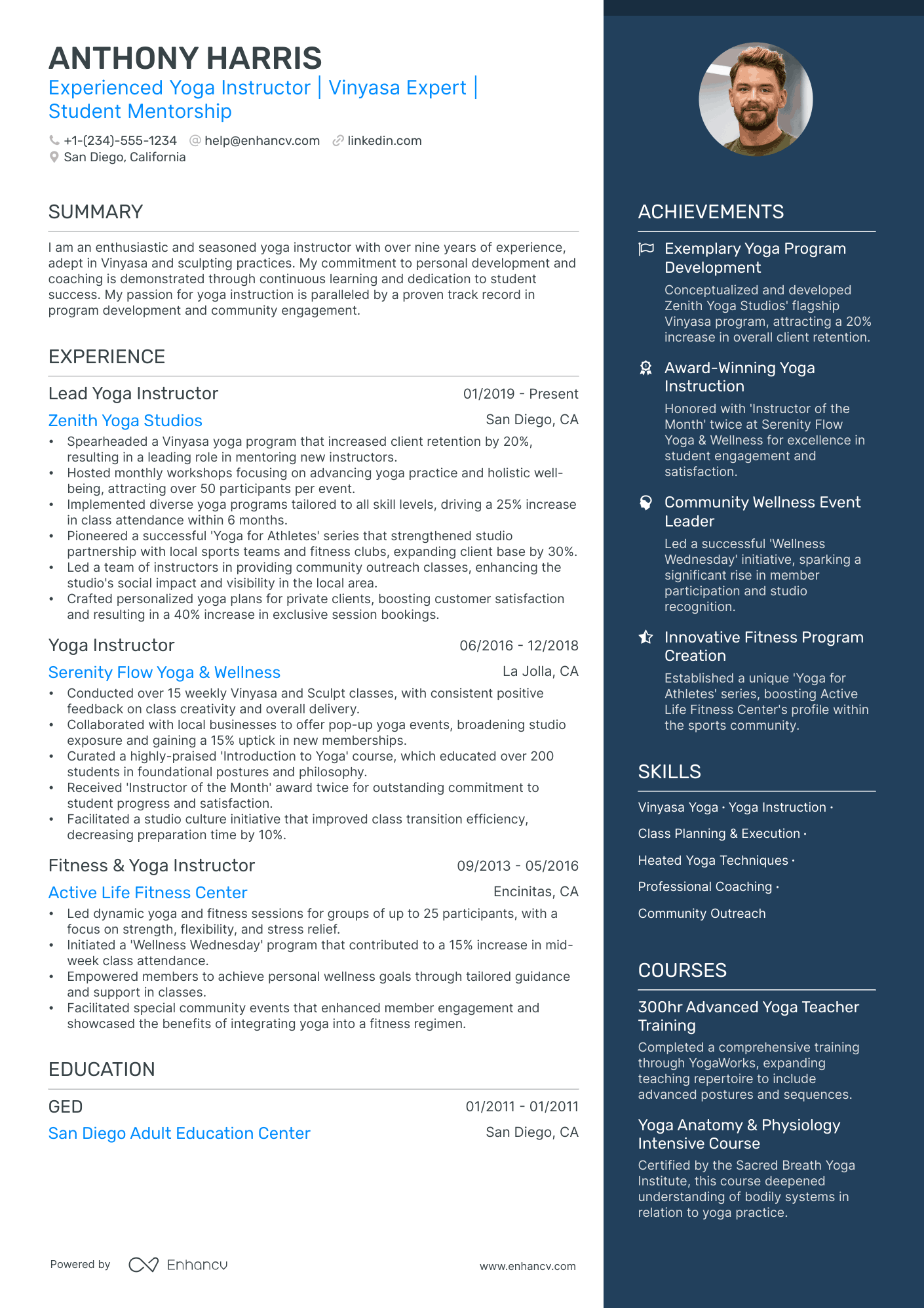 sample resume for yoga teacher
