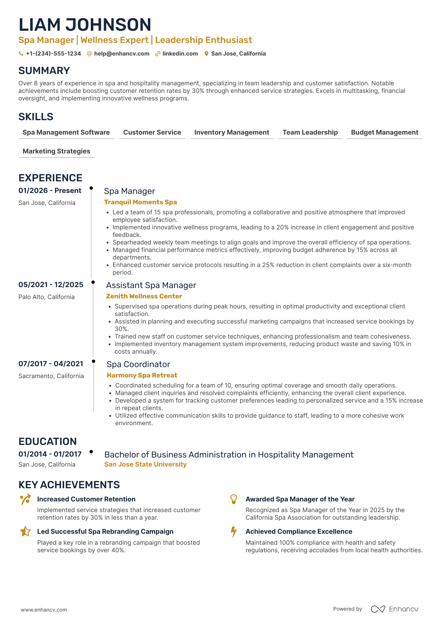 A resume example of a Assistant Spa Manager