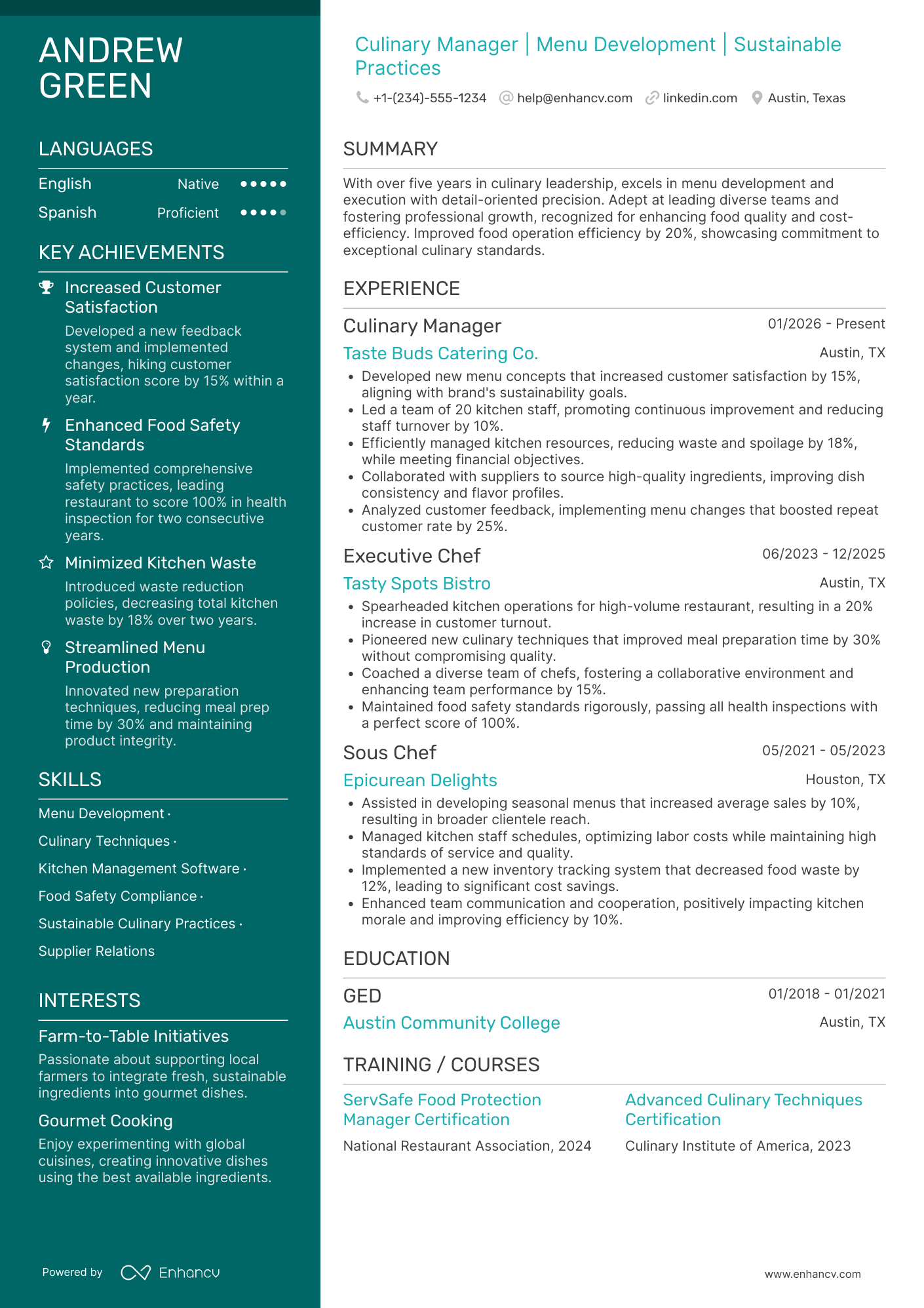 A resume example of a Culinary Manager