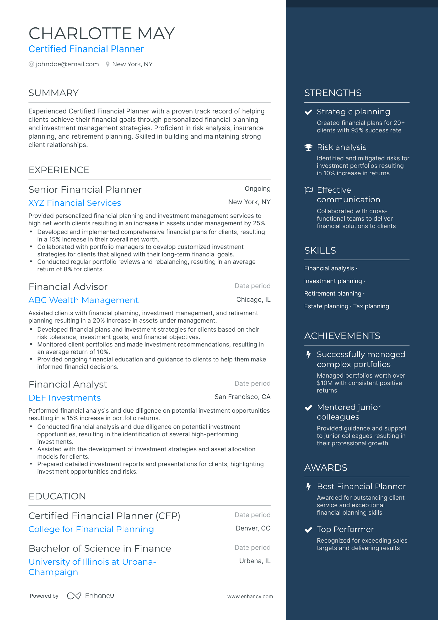 One Page Certified Financial Planner Resume Template