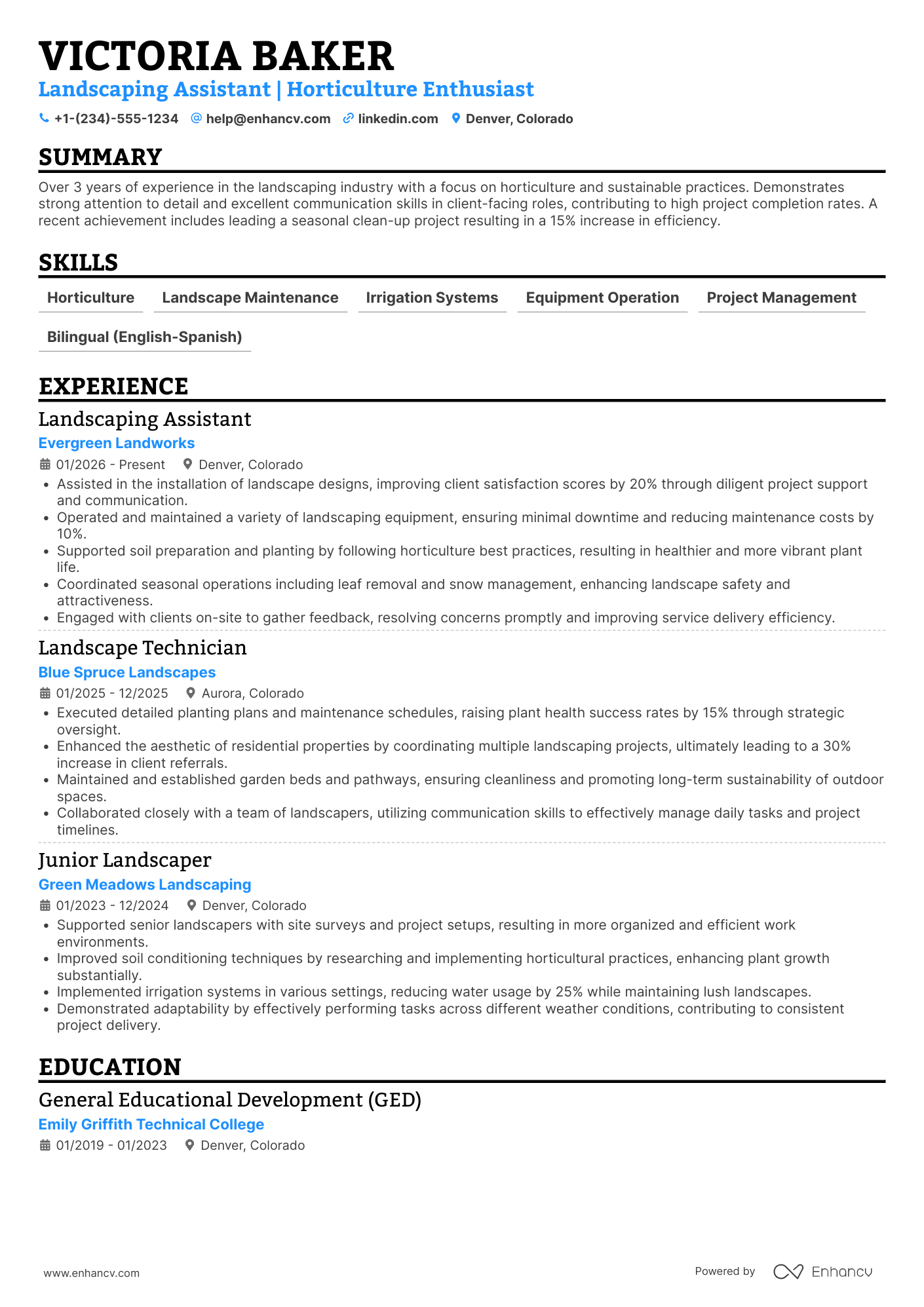 A resume example of a Landscaping Assistant