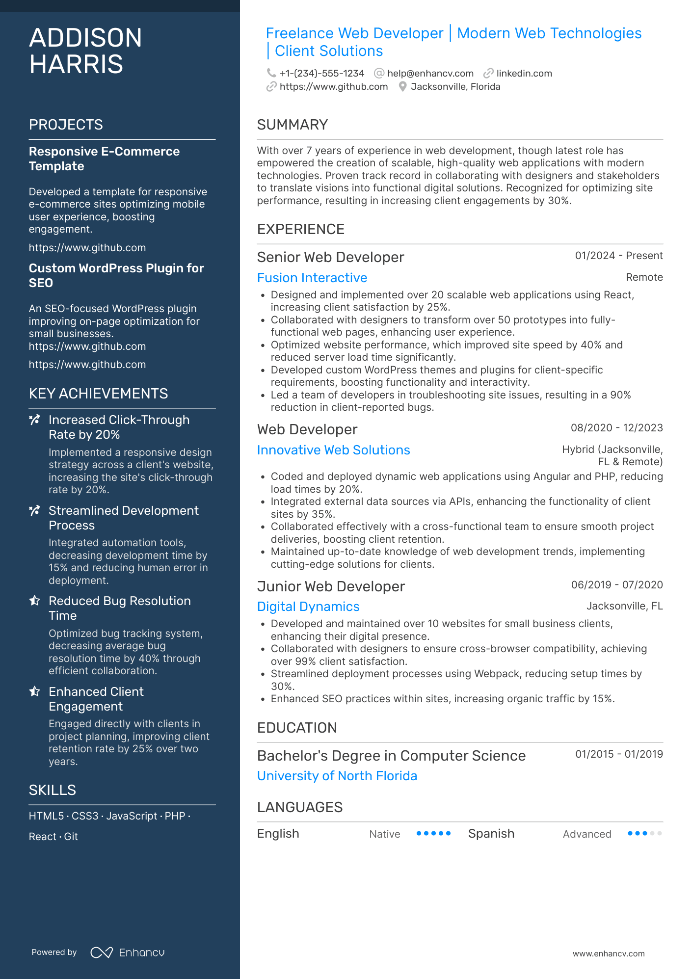 A resume example of a Freelance Web Developer