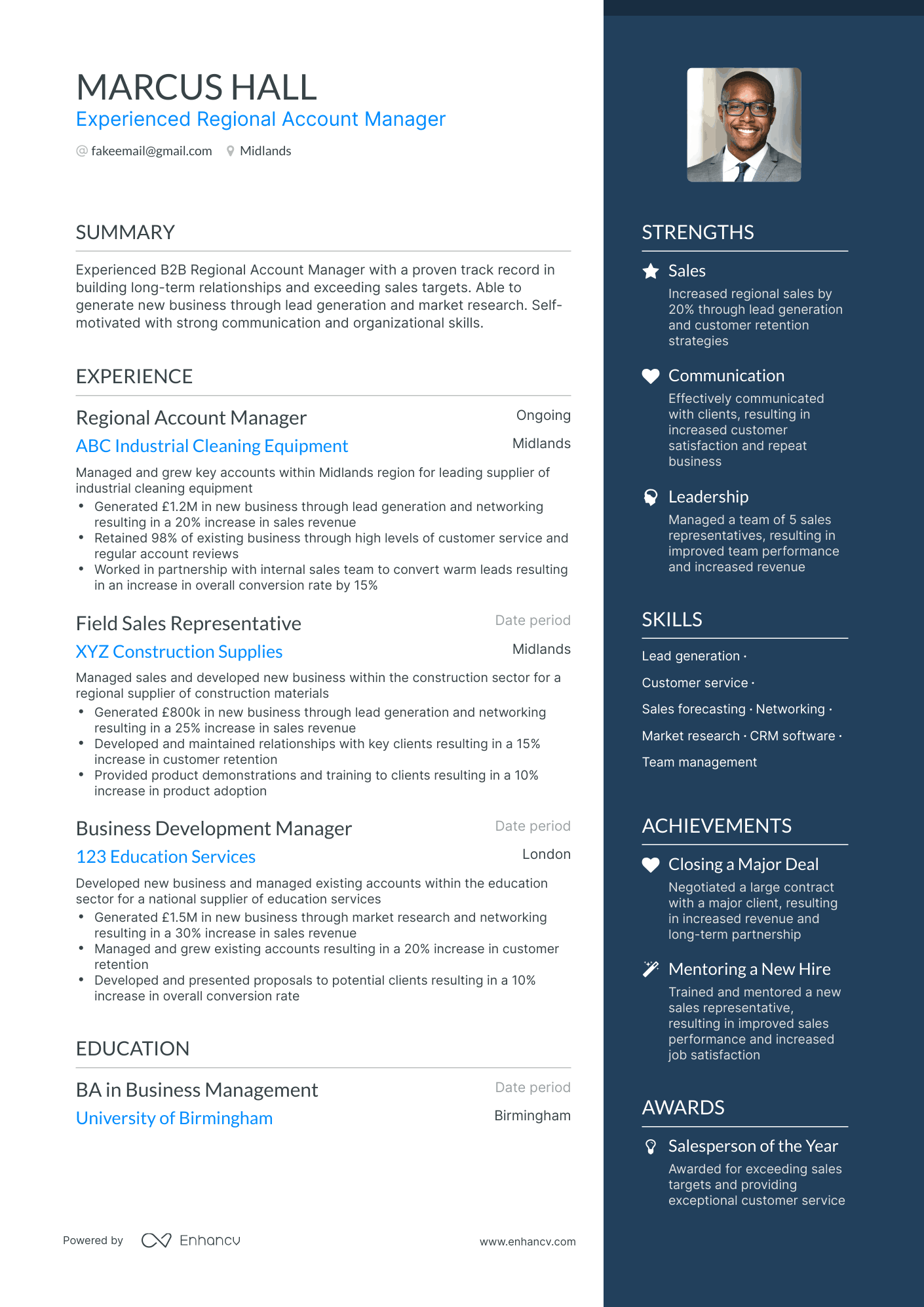 One Page Regional Account Manager Resume Template
