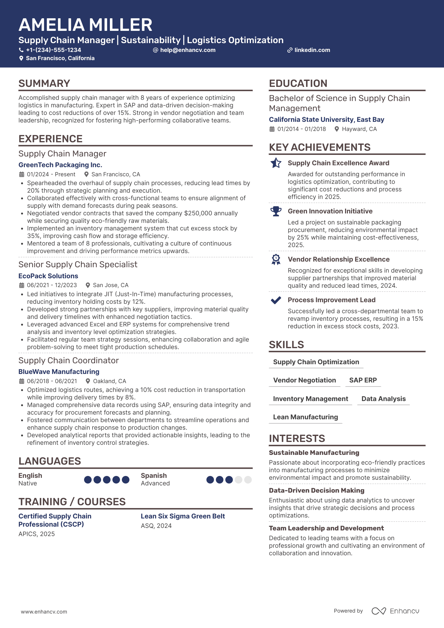 A resume example of a Factory Supply Chain Manager