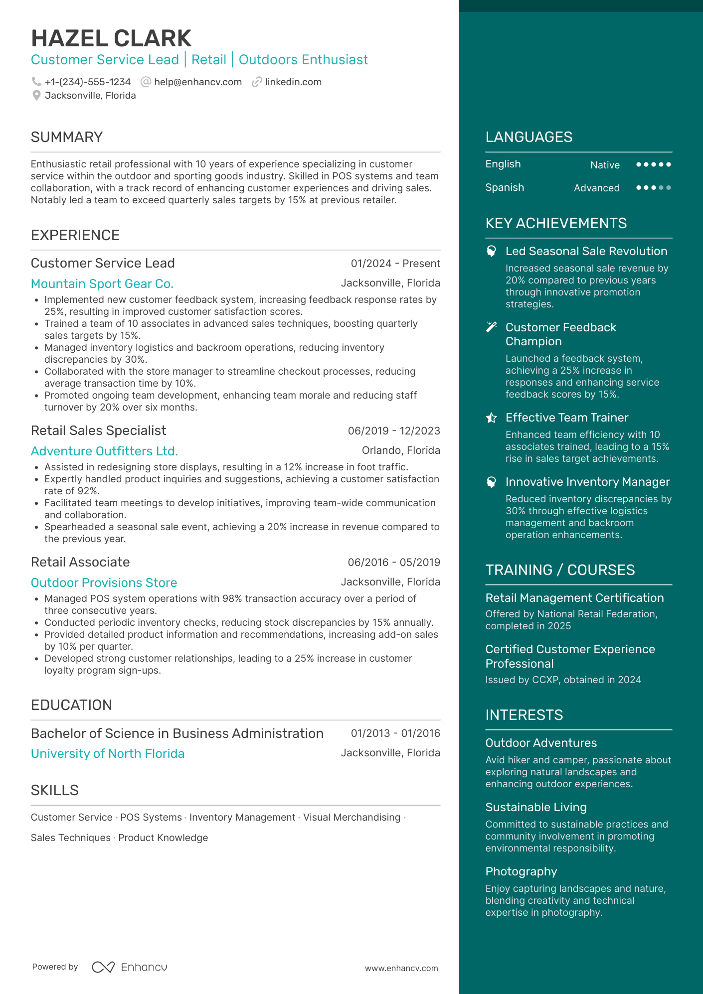 A resume example of a Retail Customer Service Clerk