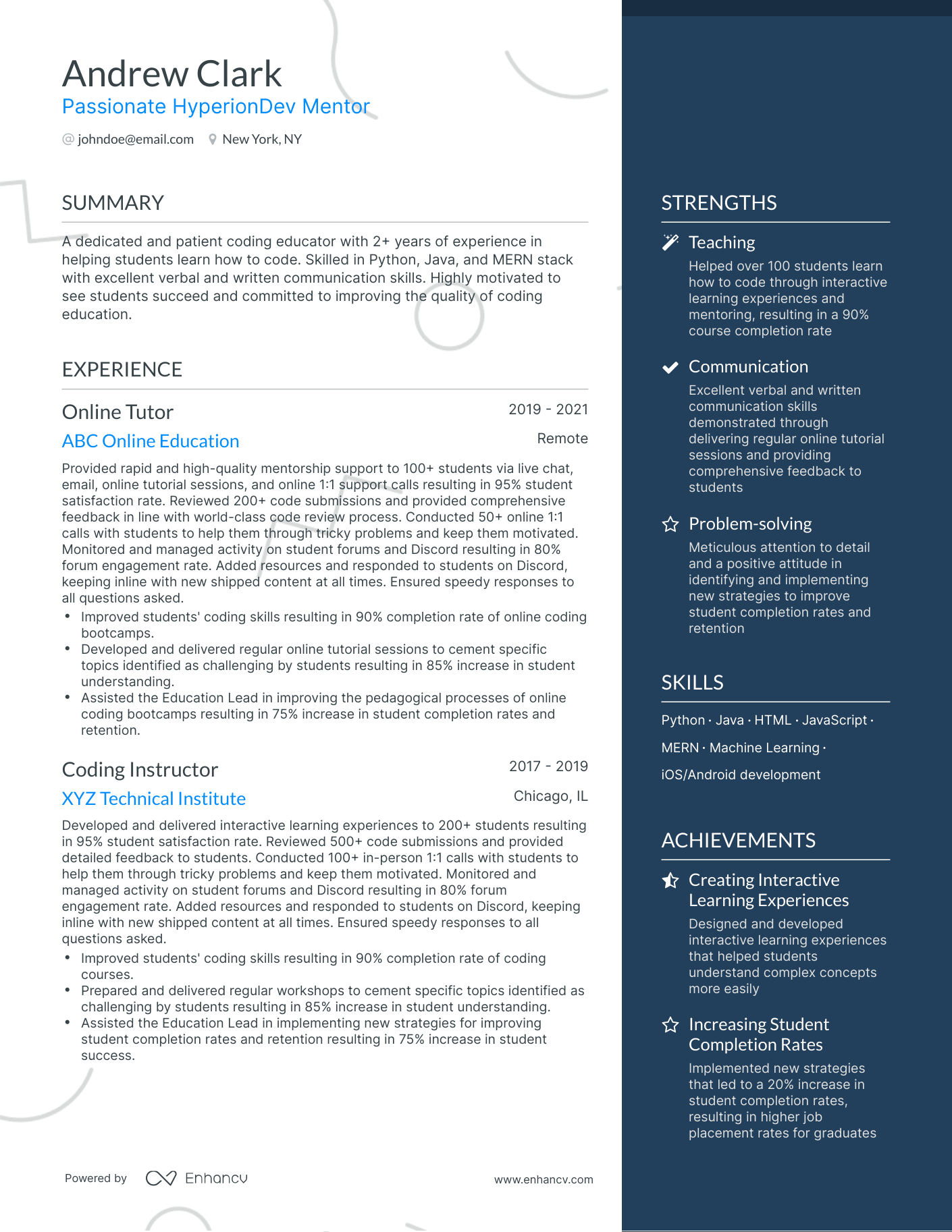 One Page Mentor Resume Template