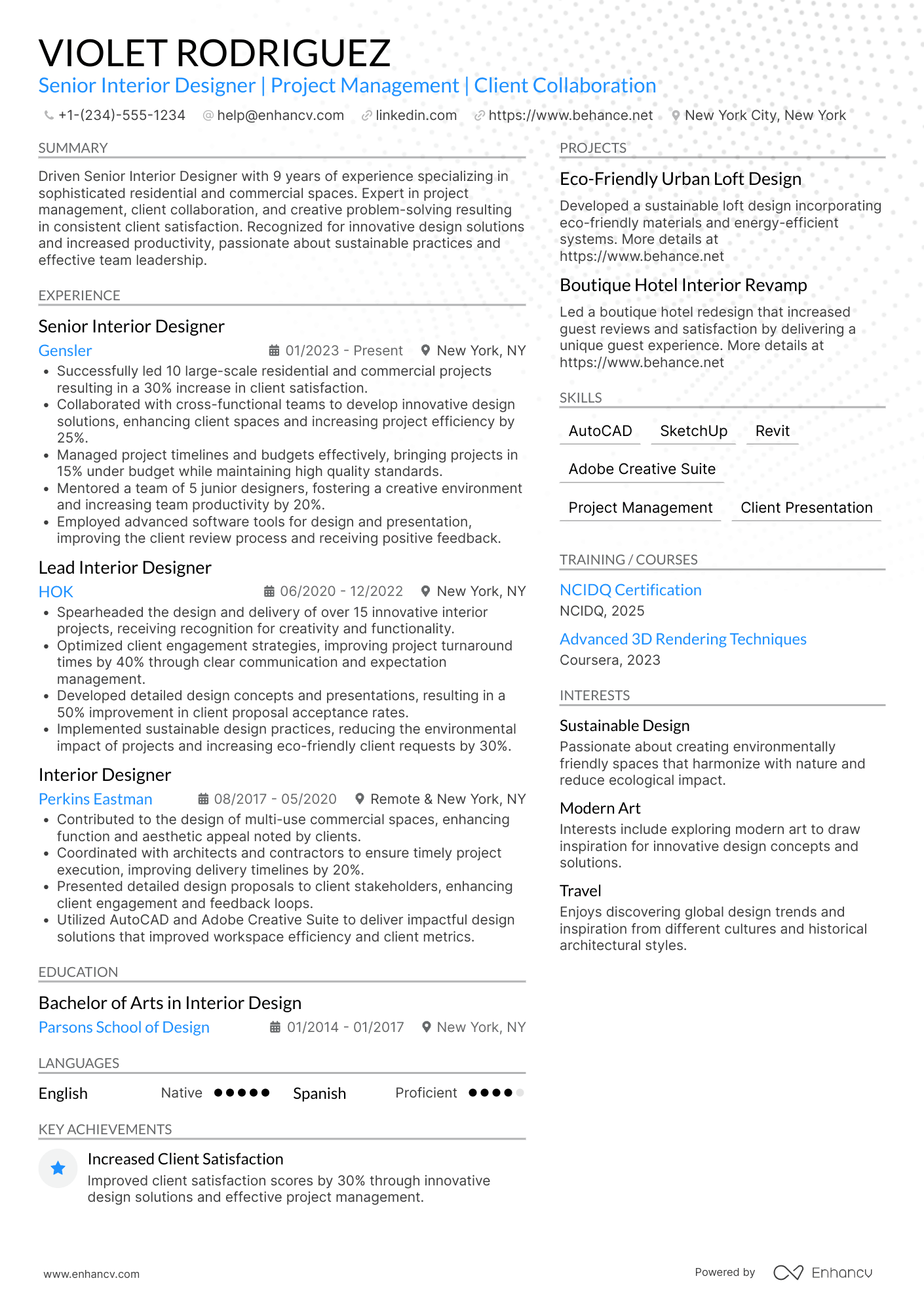 A resume example of a Senior Interior Design