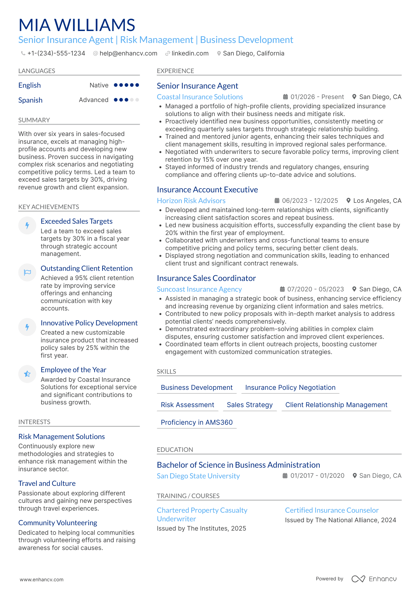 A resume example of a Senior Insurance Agent