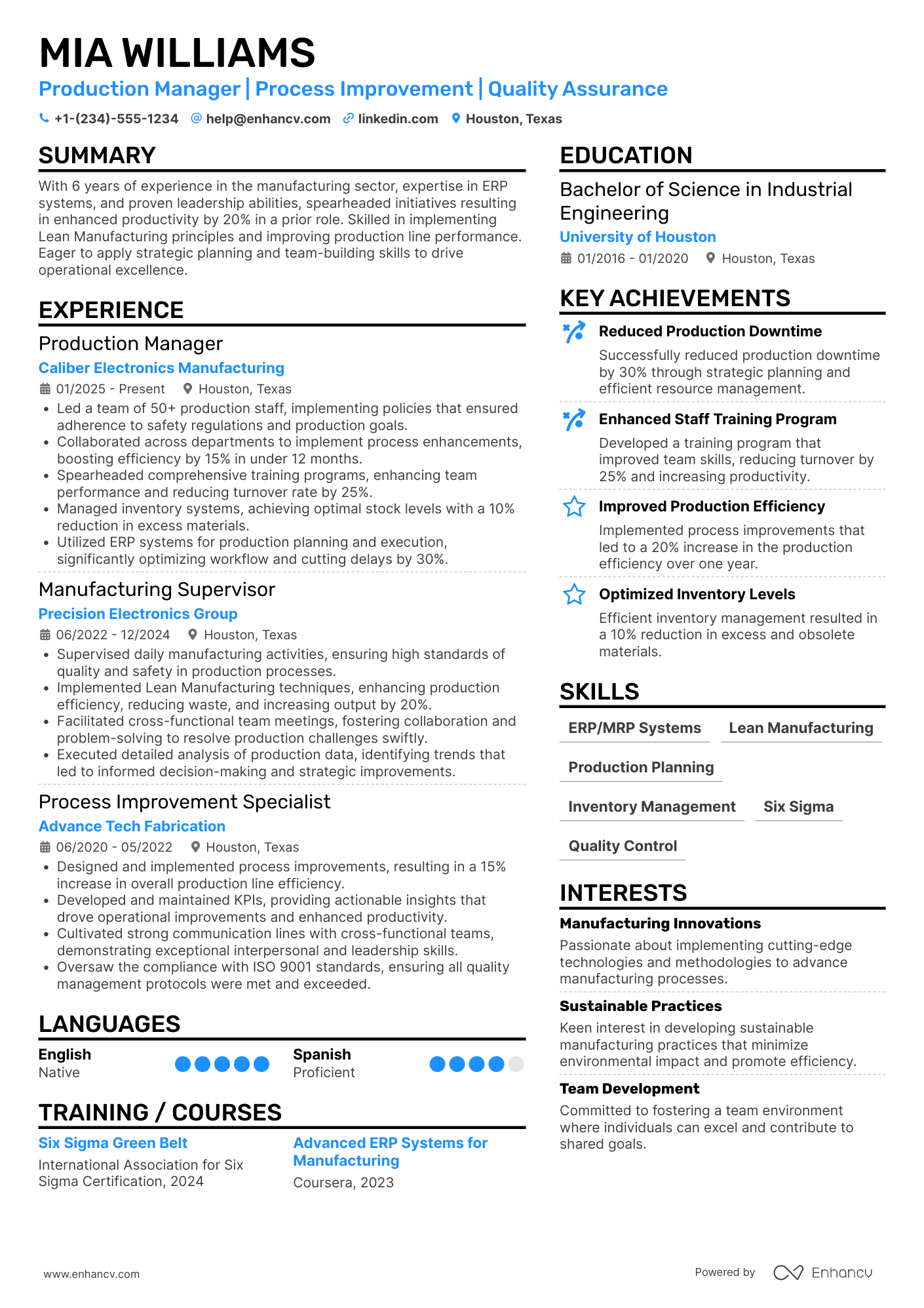 A resume example of a Manufacturing Production Manager