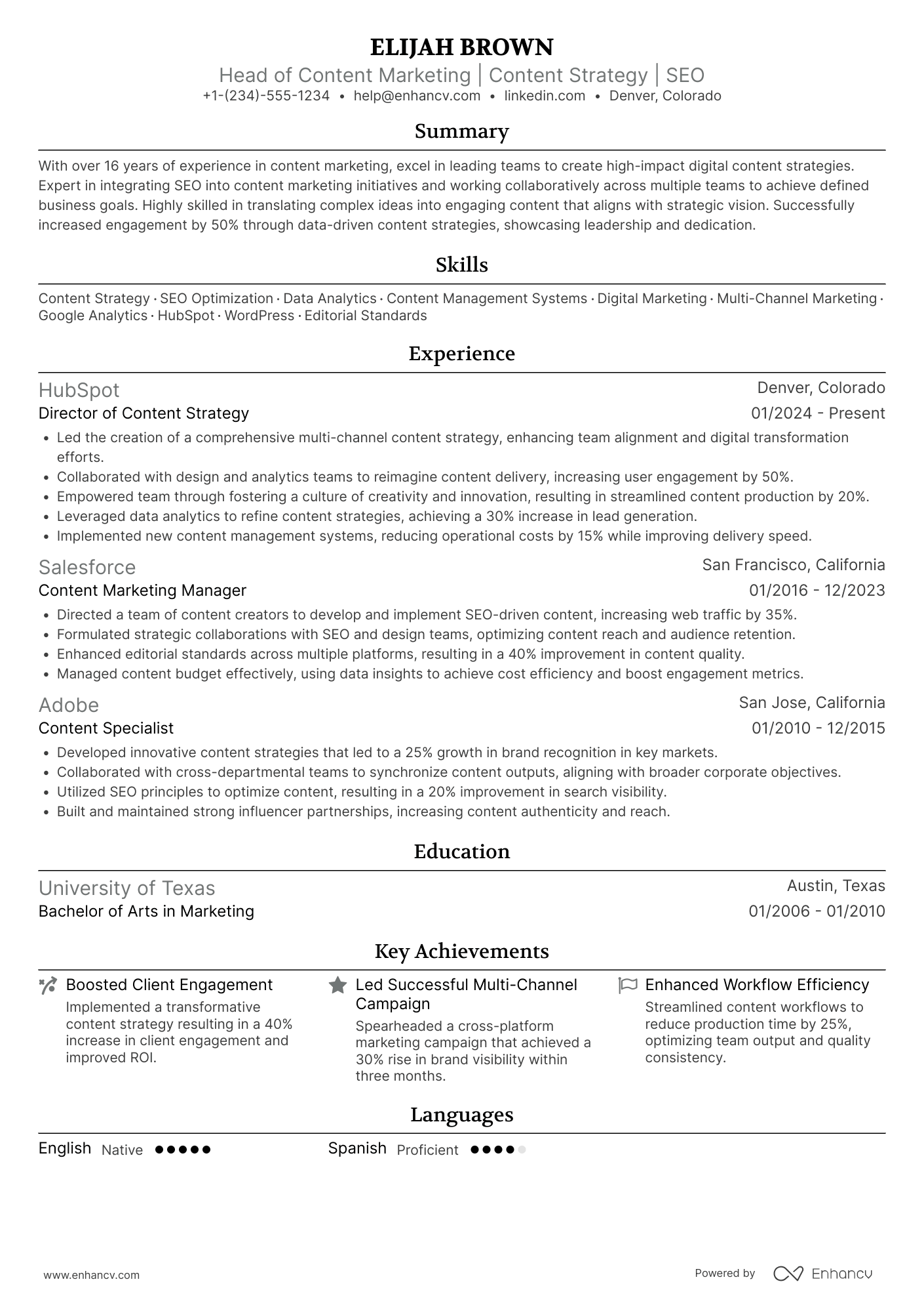 A resume example of a Head of Content Marketing