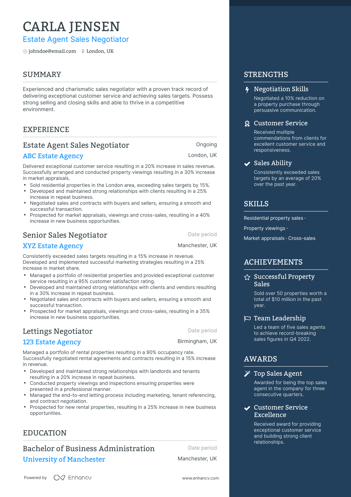 One Page Sales Agent Resume Template
