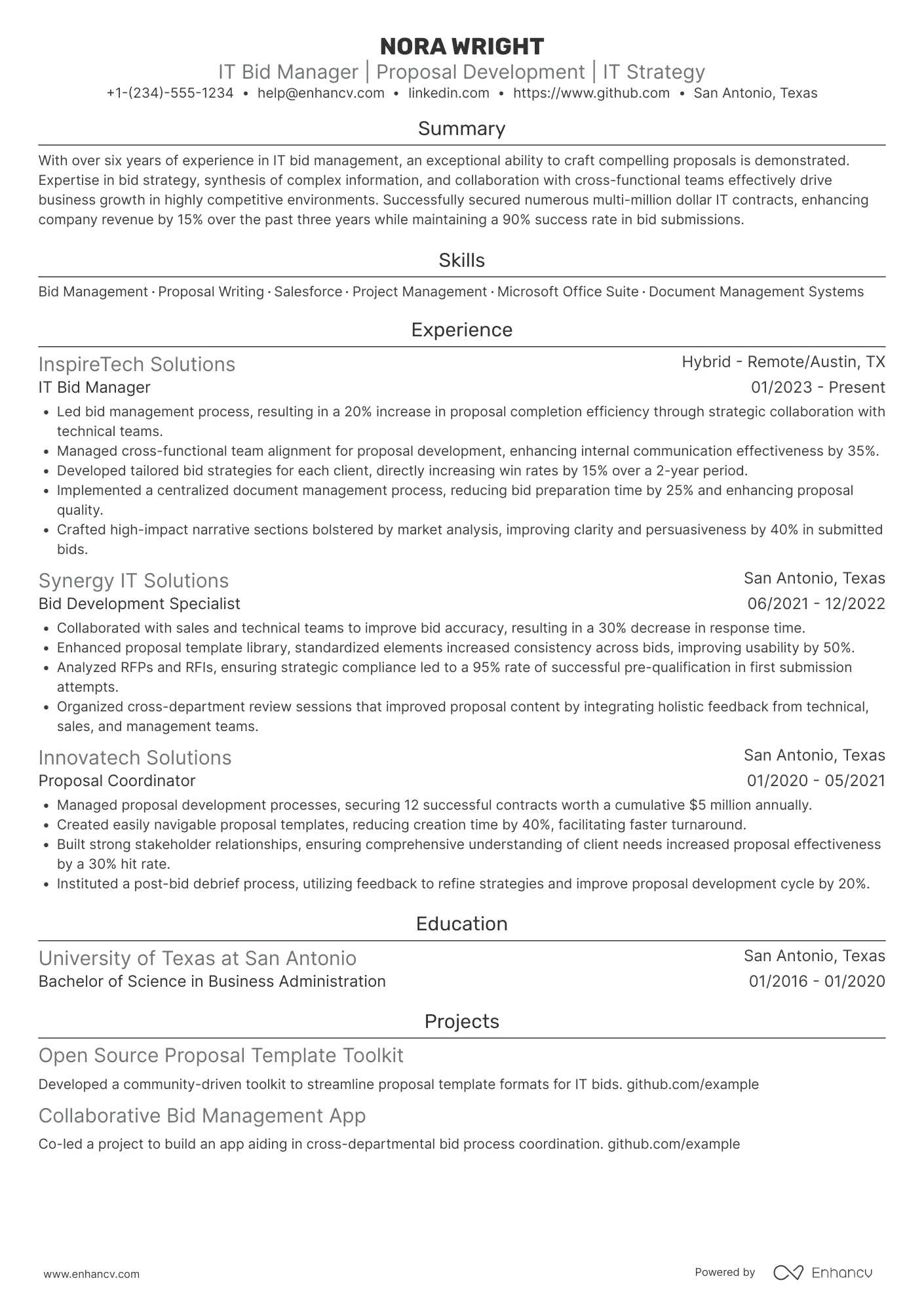 A resume example of a IT Bid Manager