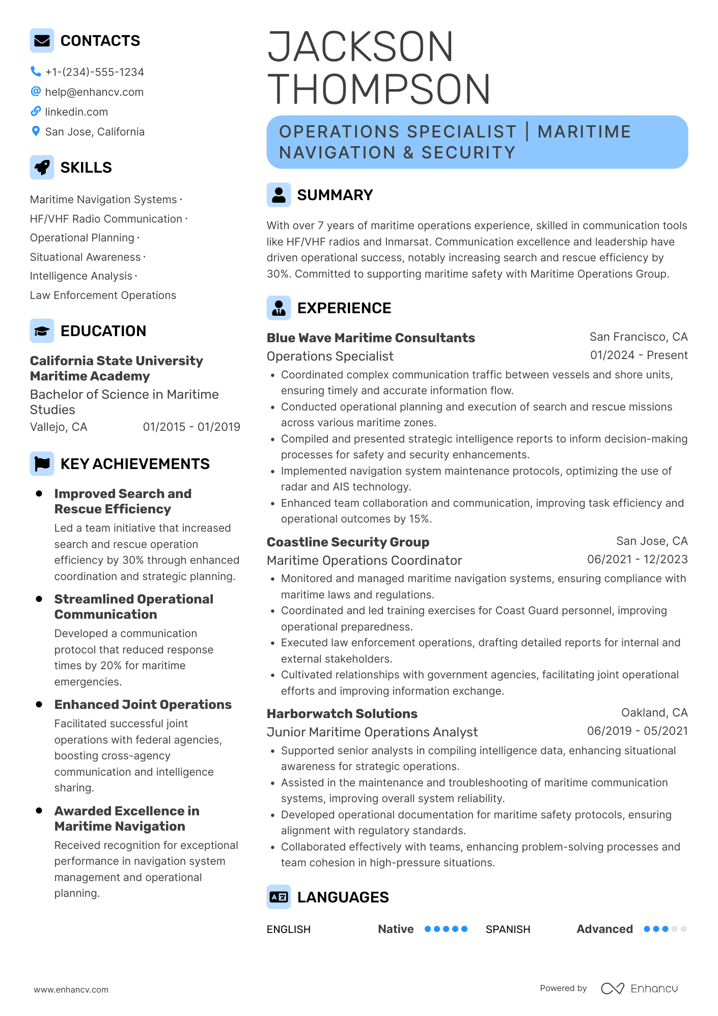 A resume example of a US Coast Guard Operations Specialist