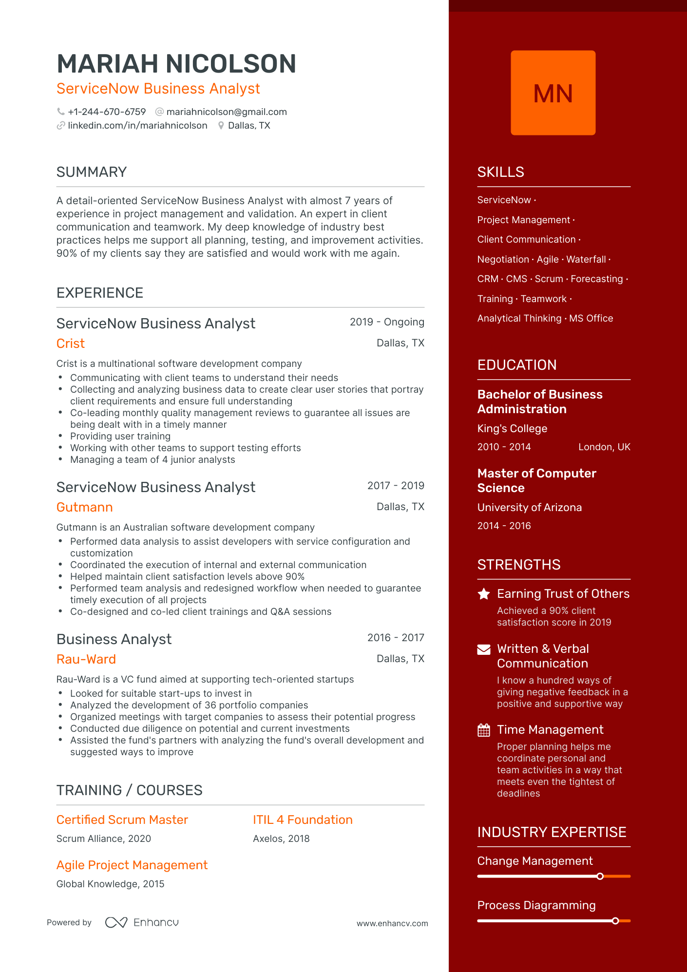 One Page ServiceNow Business Analyst Resume Template