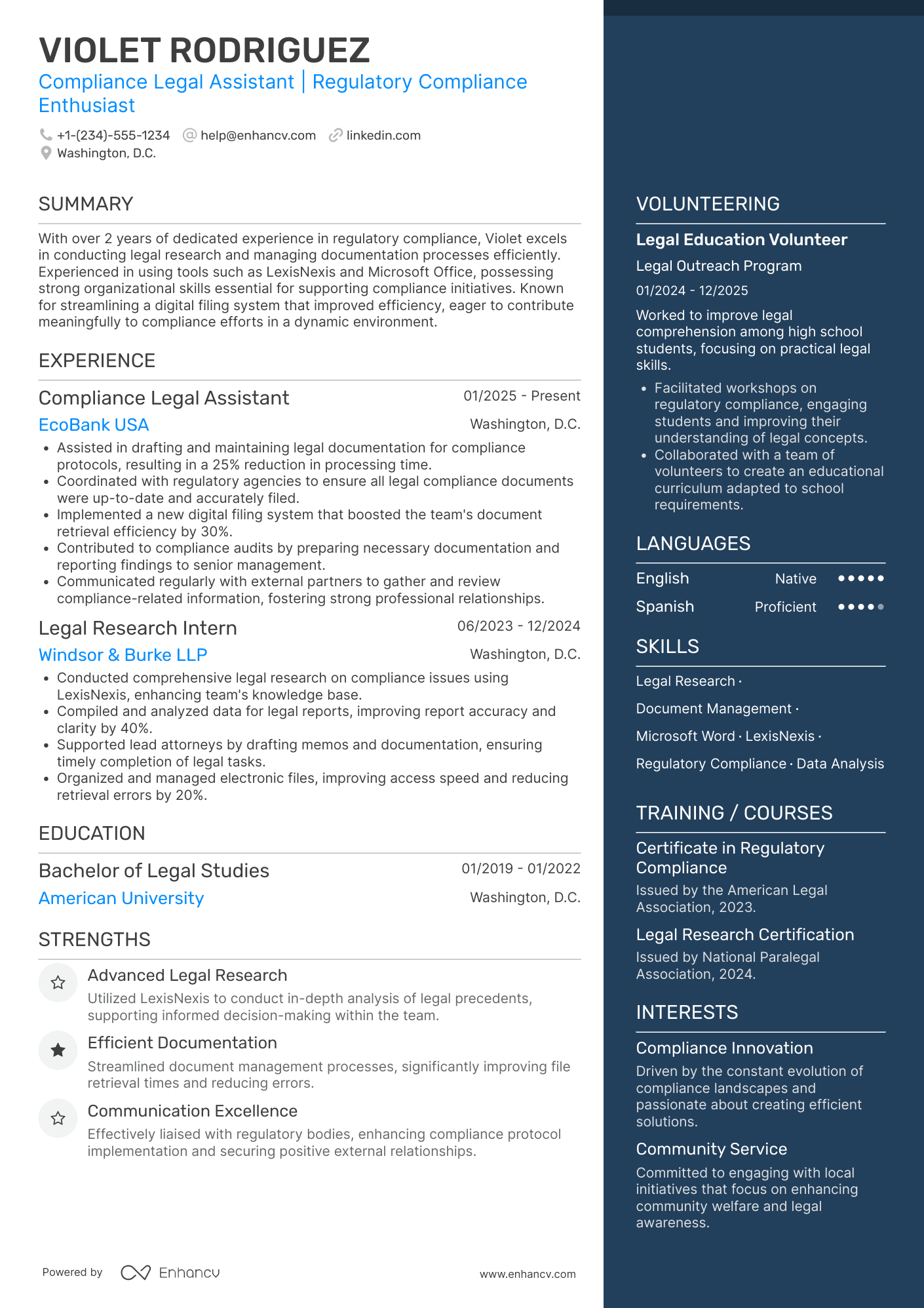 A resume example of a Compliance Legal Assistant