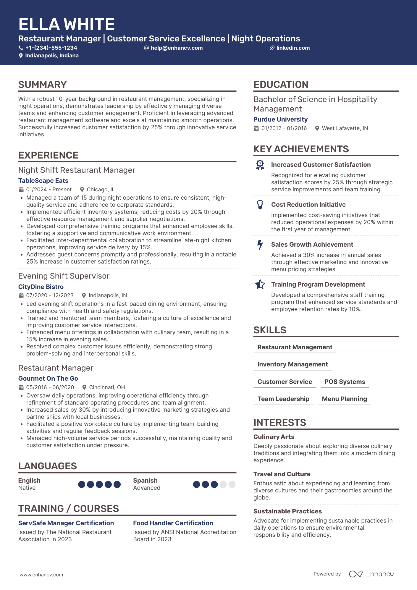 A resume example of a Night Shift Restaurant Manager