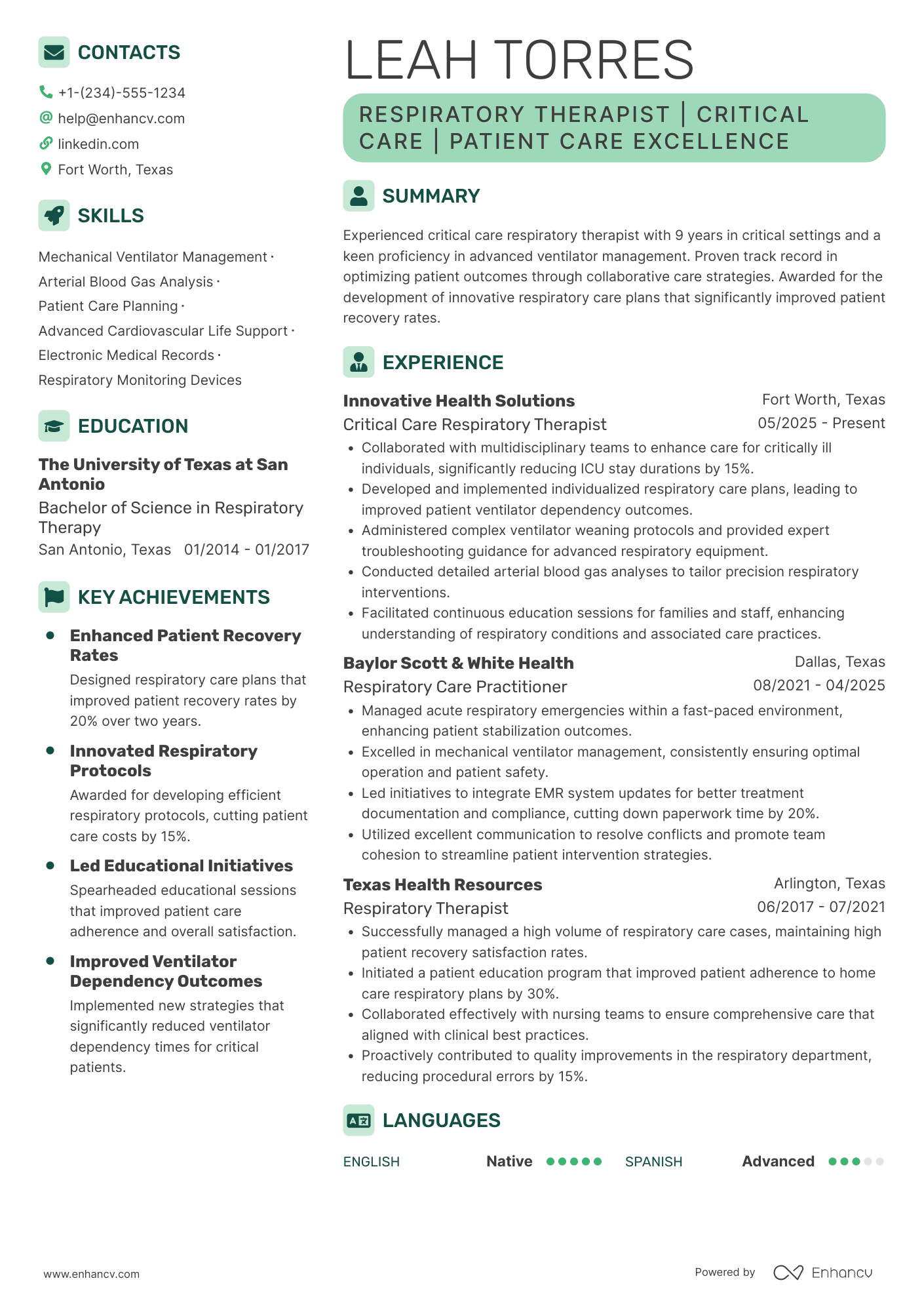 A resume example of a Critical Care Respiratory Therapist