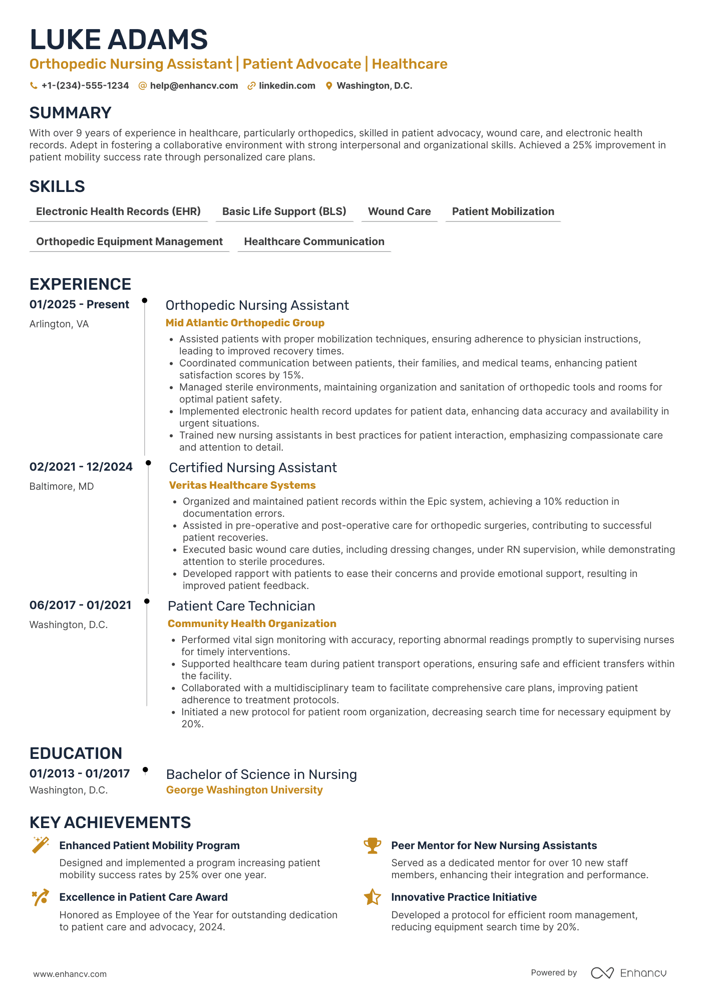 A resume example of a Orthopedic Nursing Assistant