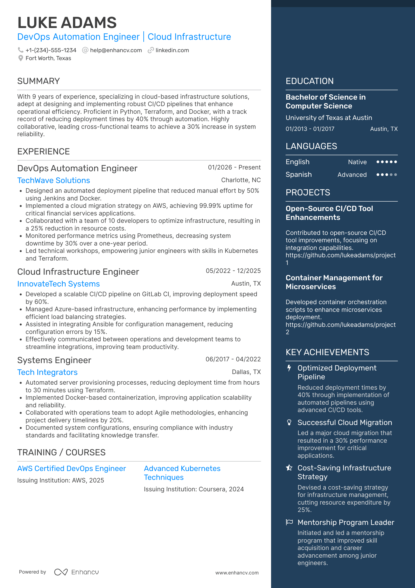 A resume example of a Devops Automation Engineer