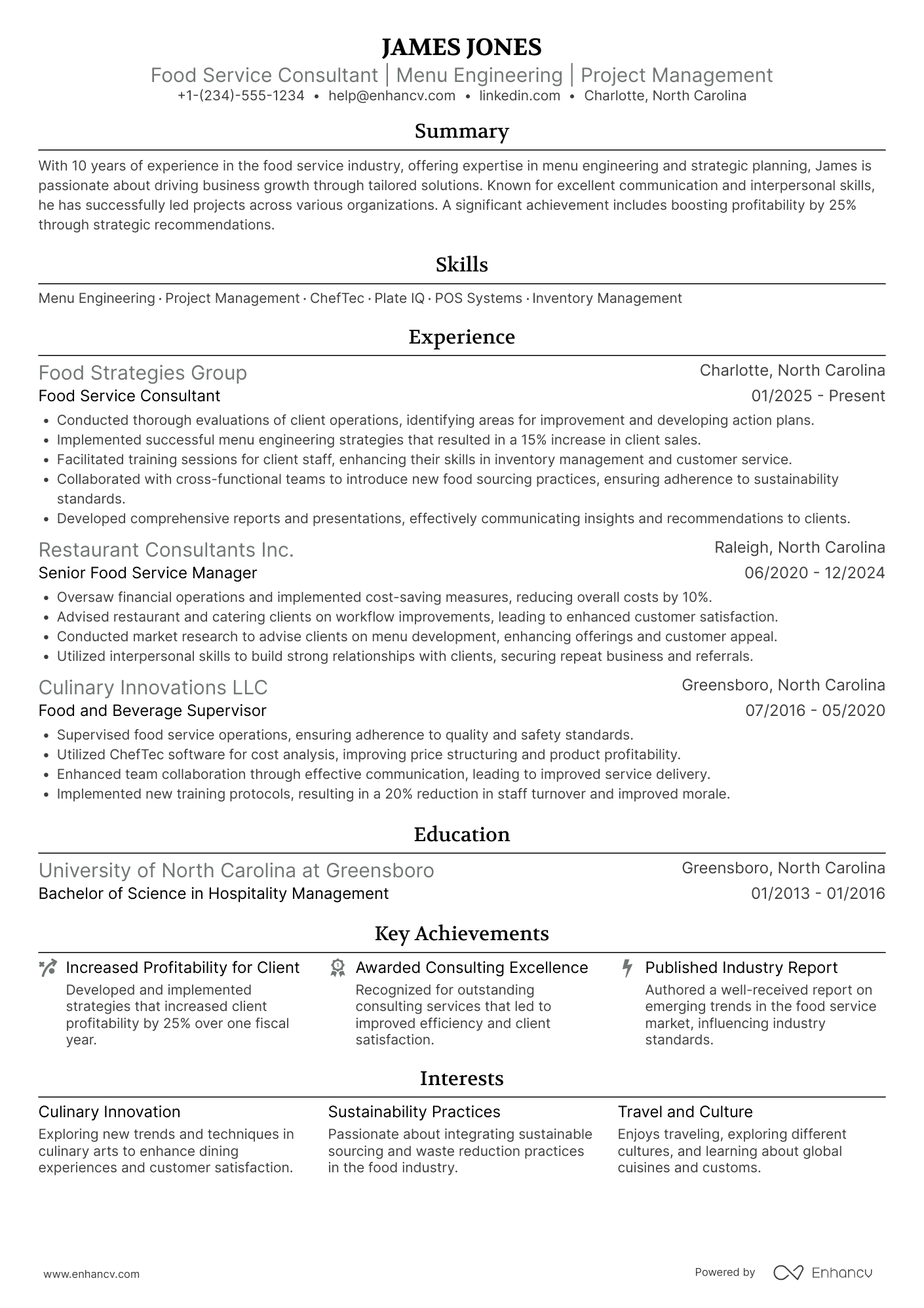 A resume example of a Food Service Consultant