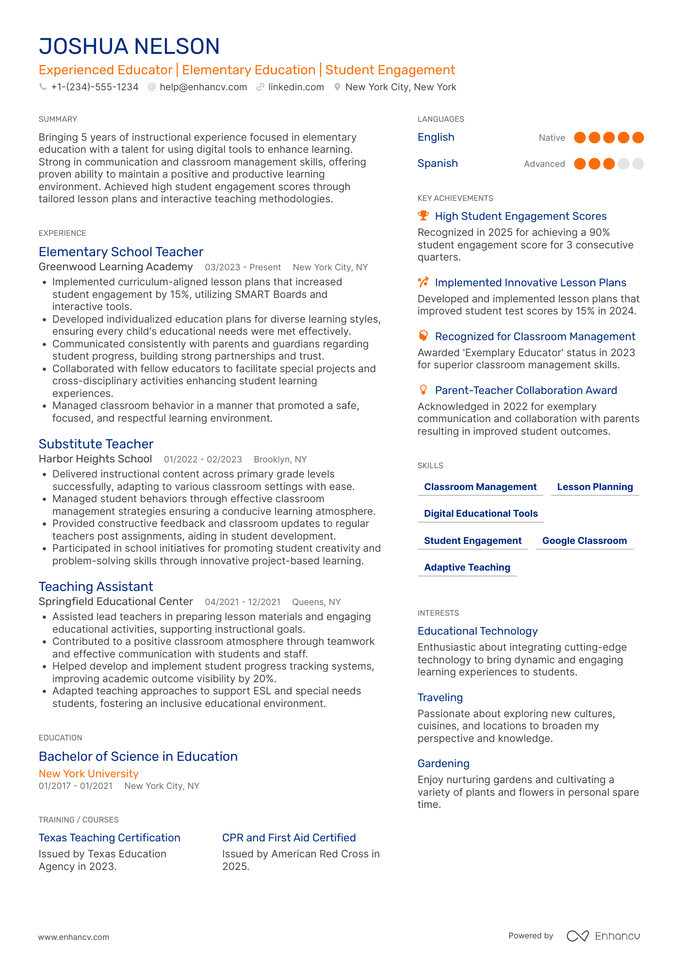 A resume example of a Substitute Elementary School Teacher