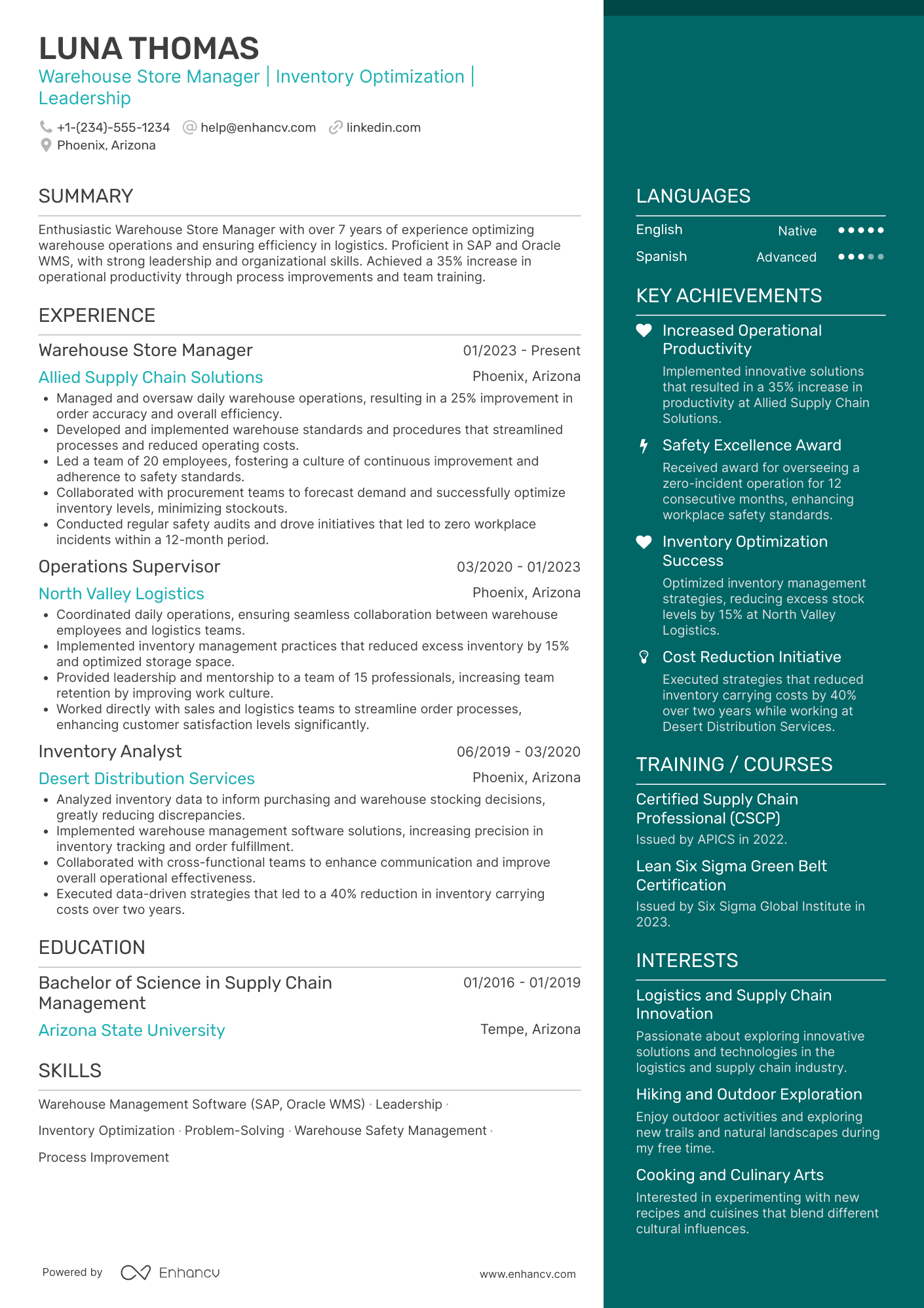 A resume example of a Warehouse Store Manager