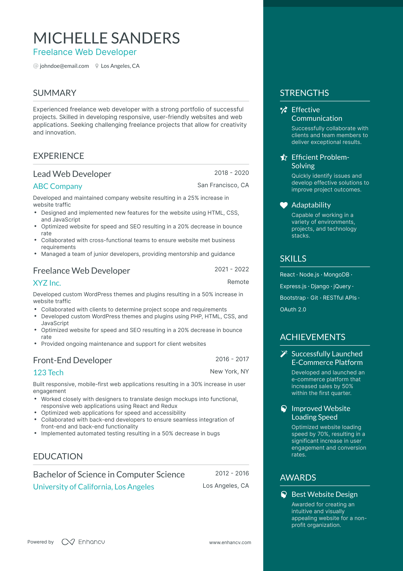 One Page Freelance Developer Resume Template