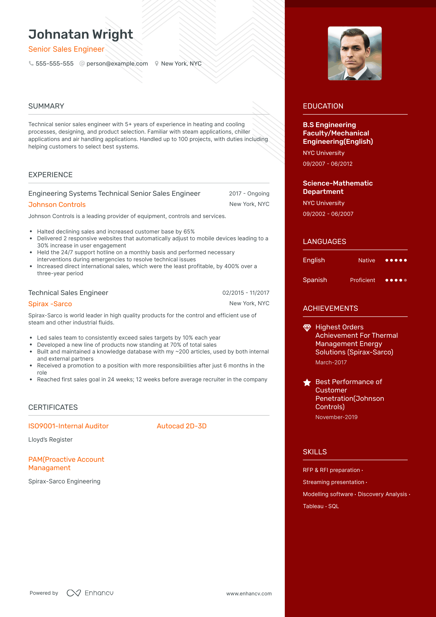 One Page Sales Engineer Resume Template