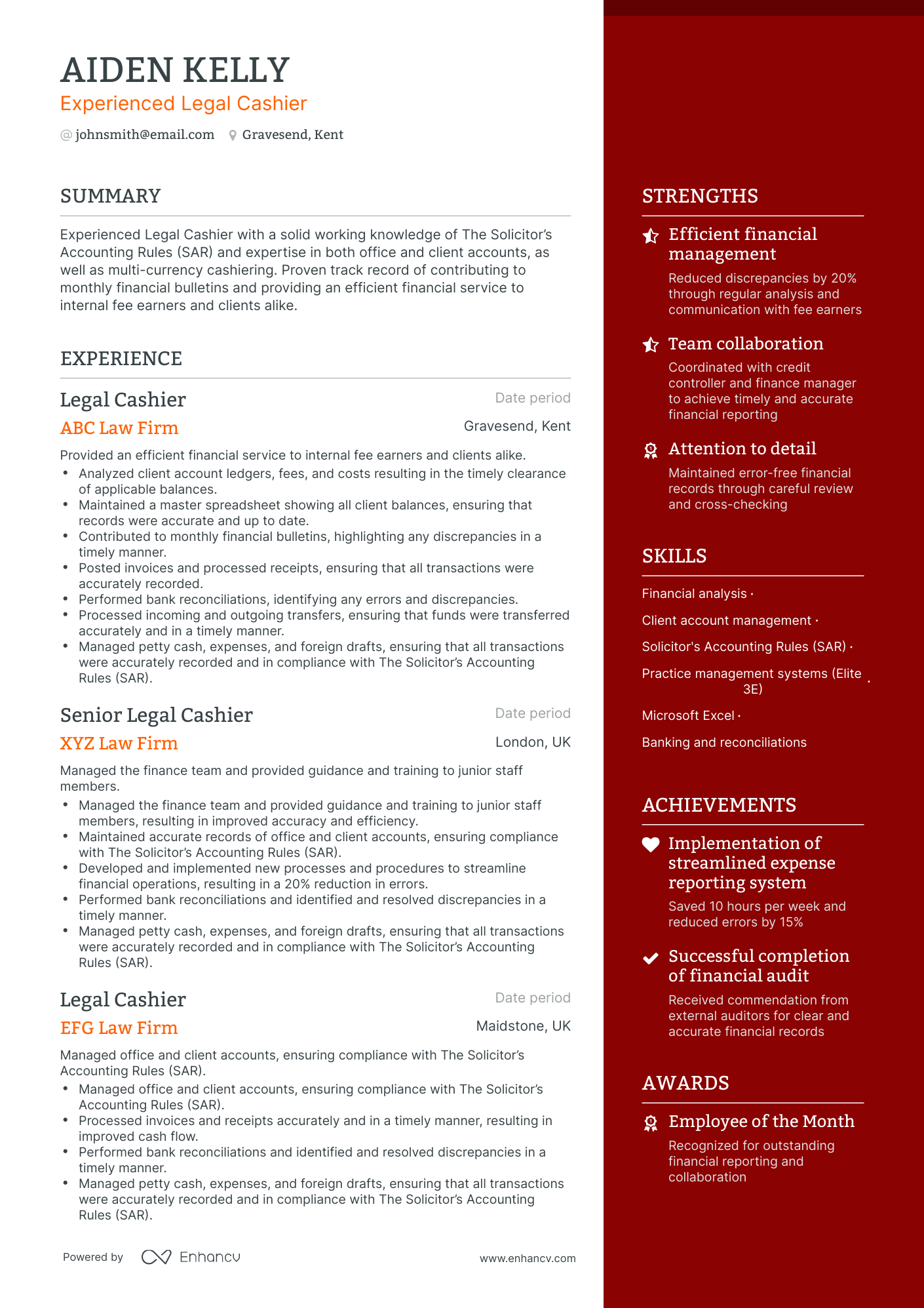 One Page Cashier Manager Resume Template