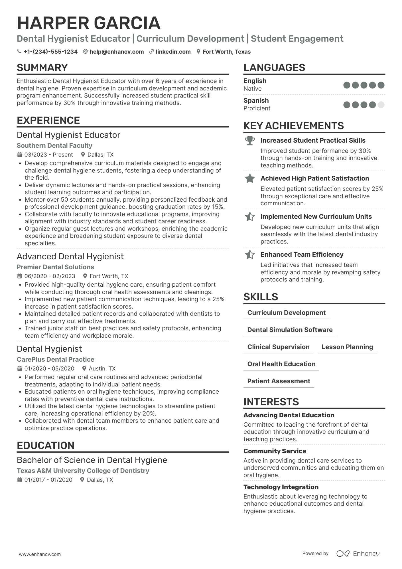 A resume example of a Dental Hygienist Educator